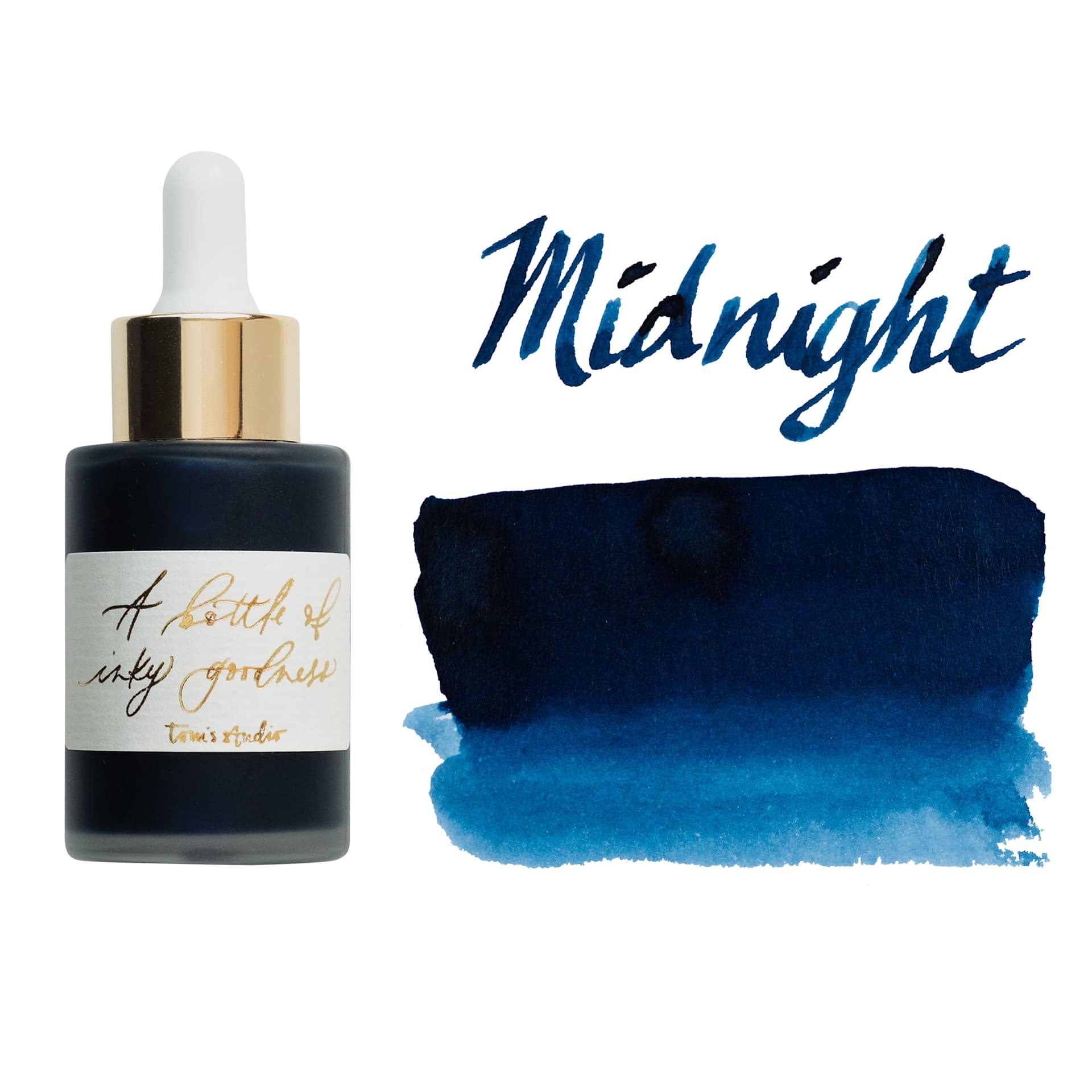 Tom's Studio Calligraphy Ink - Midnight, 30 ml bottle with swatch