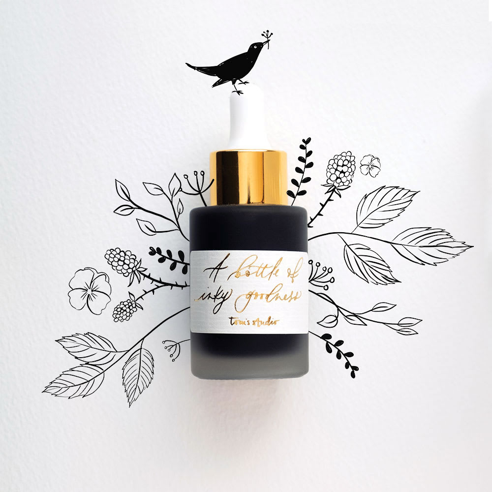 Tom's Studio Calligraphy Ink - Jet Black, 30 ml bottle and artwork