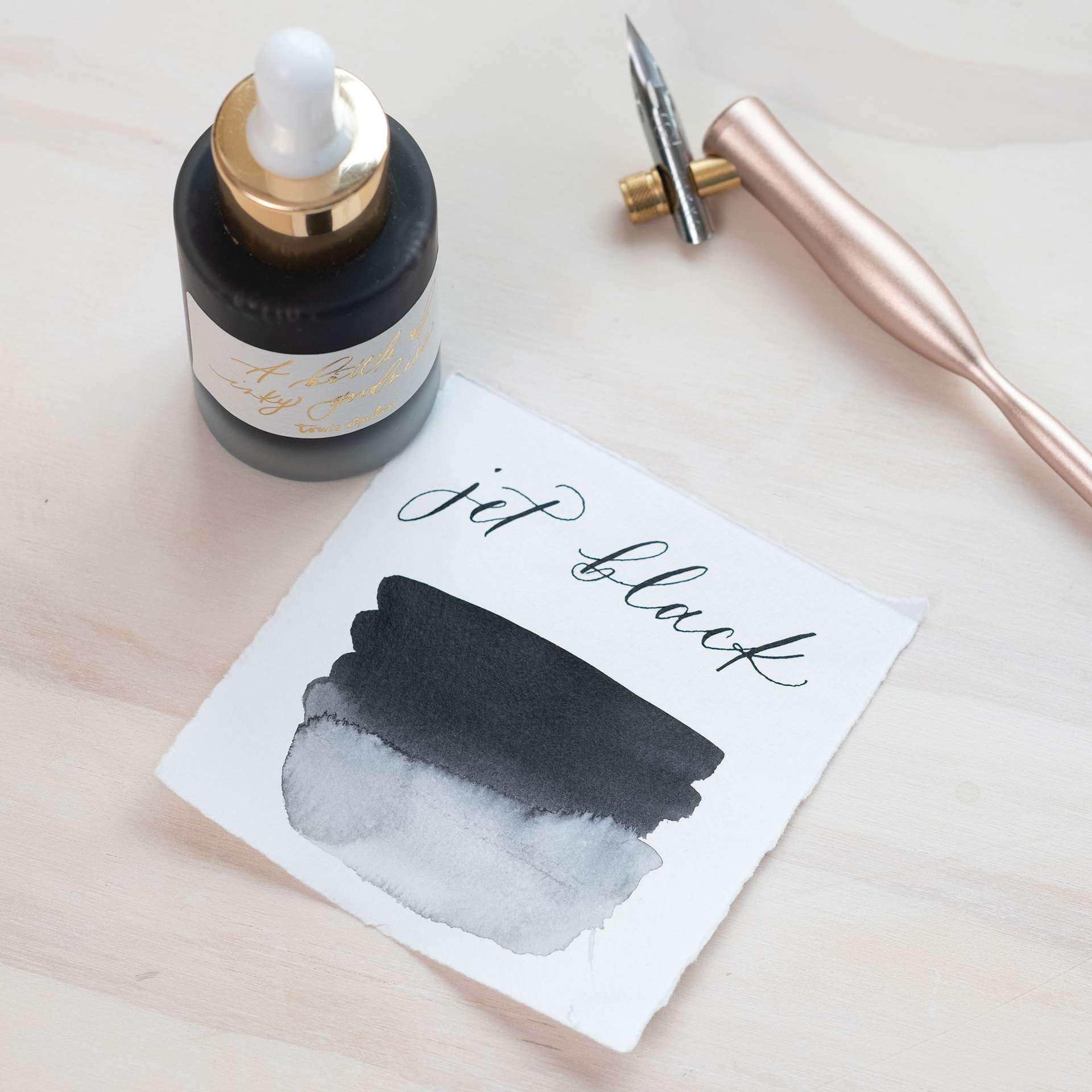 Tom's Studio Calligraphy Ink - Jet Black, 30 ml bottle and swatch - pen not included