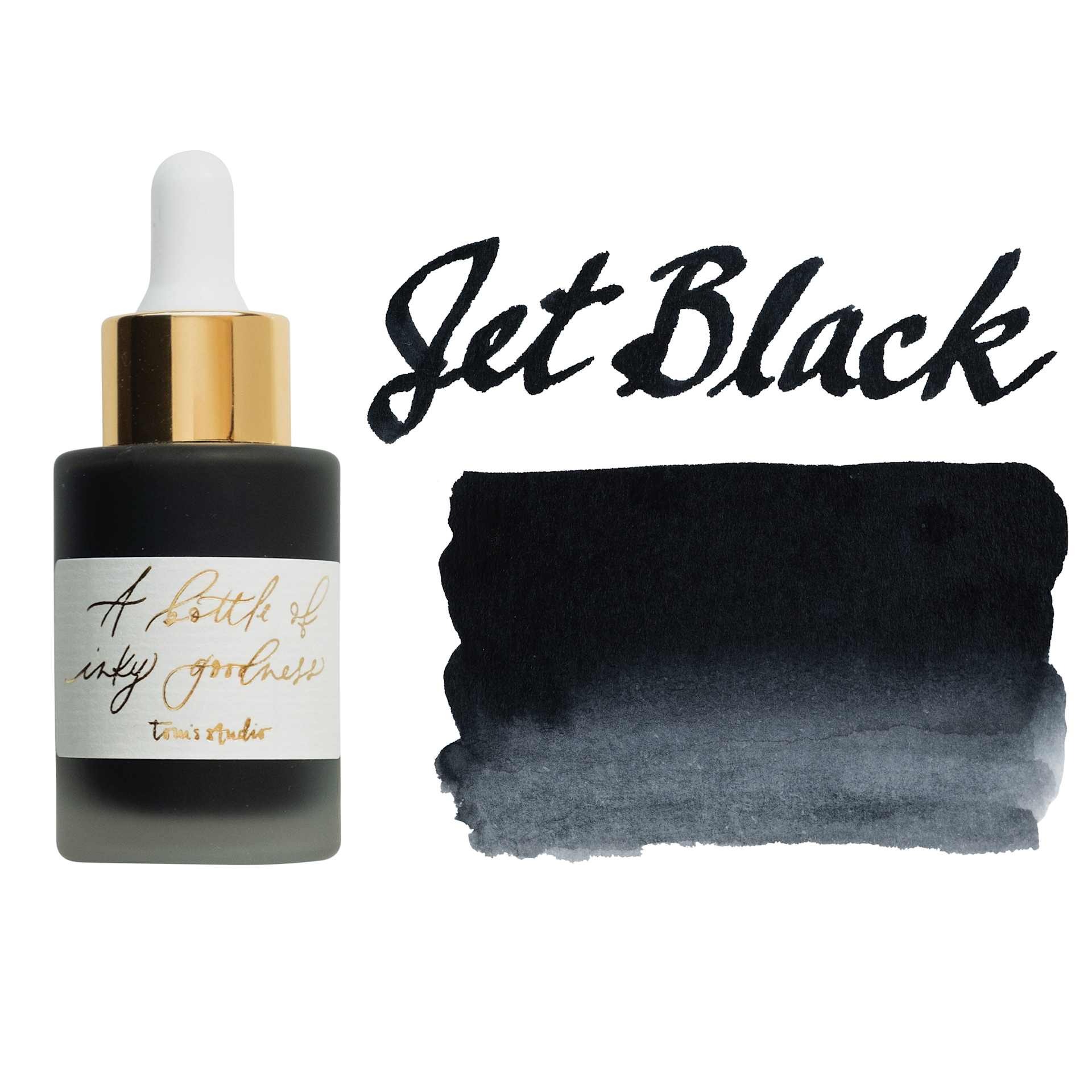 Tom's Studio Calligraphy Ink - Jet Black, 30 ml bottle with swatch