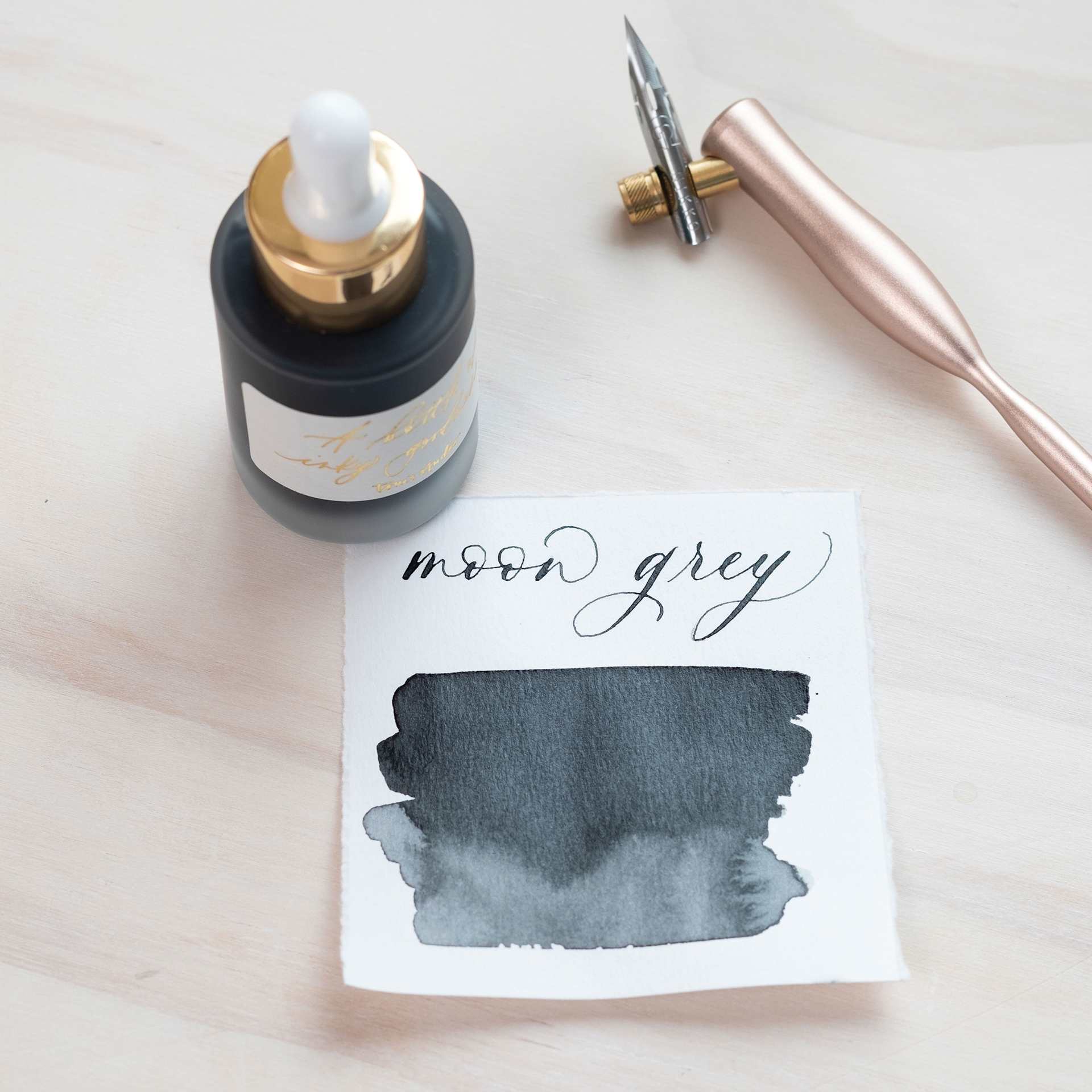 Tom's Studio Calligraphy Ink - Moon Grey, 30 ml bottle and swatch - pen not included