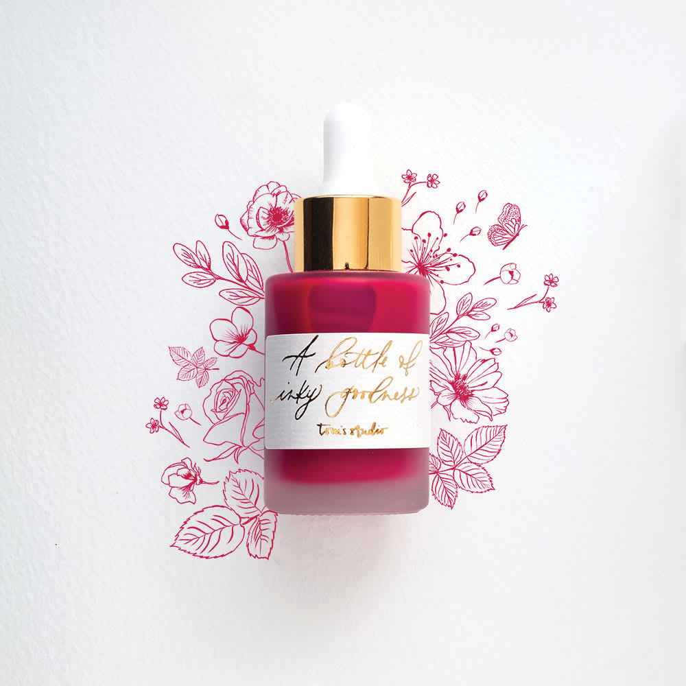 Tom's Studio Calligraphy Ink - Hot Pink, 30 ml bottle with artwork