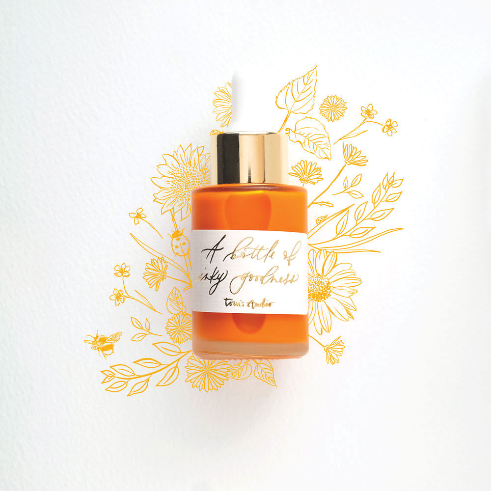 Tom's Studio Calligraphy Ink - Sunflower, 30 ml bottle and artwork