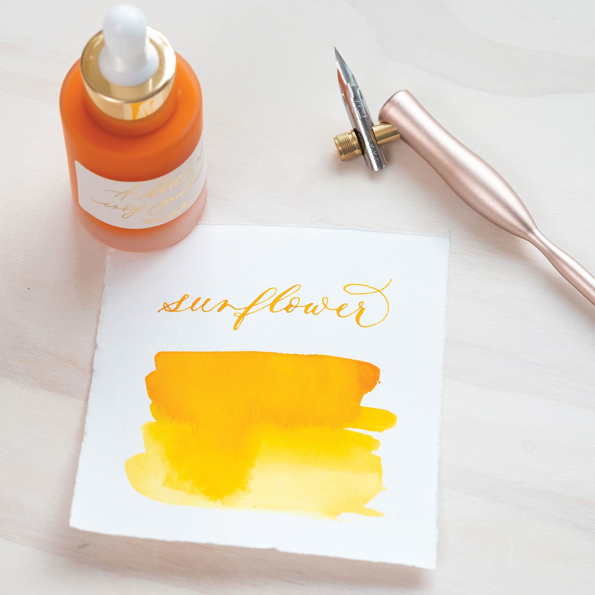 Tom's Studio Calligraphy Ink - Sunflower, 30 ml bottle and swatch - pen not included