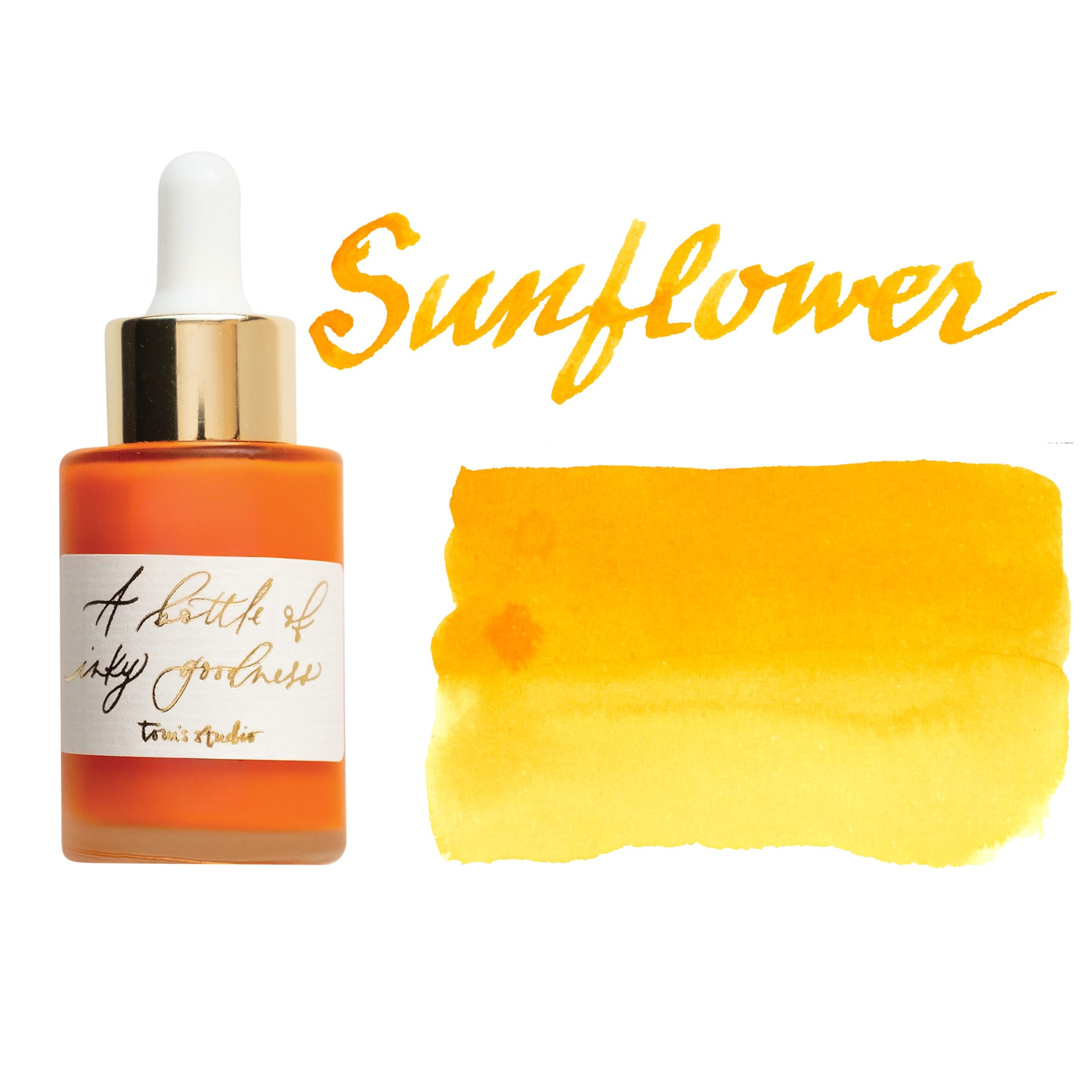 Tom's Studio Calligraphy Ink - Sunflower, 30 ml bottle with swatch