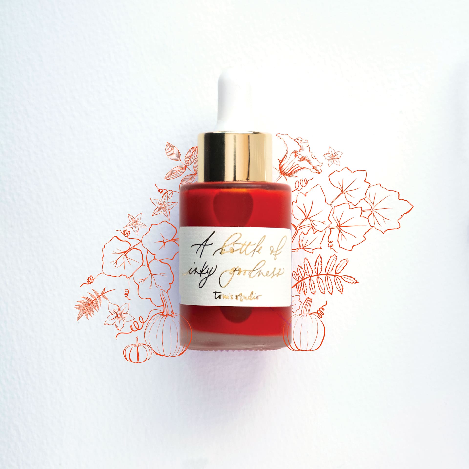 Tom's Studio Calligraphy Ink - Pumpkin, 30 ml bottle and artwork