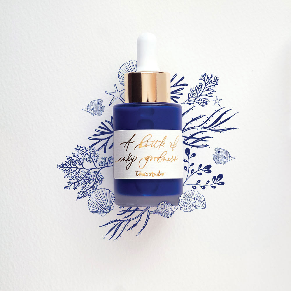 Tom's Studio Calligraphy Ink - Ultra Marine, 30 ml bottle and artwork