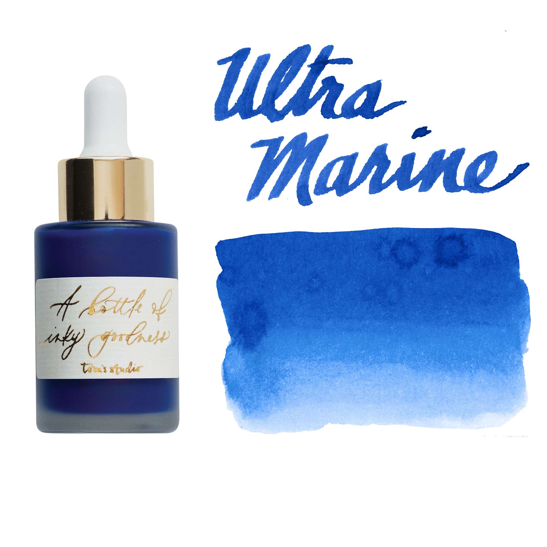 Tom's Studio Calligraphy Ink - Ultra Marine, 30 ml bottle with swatch