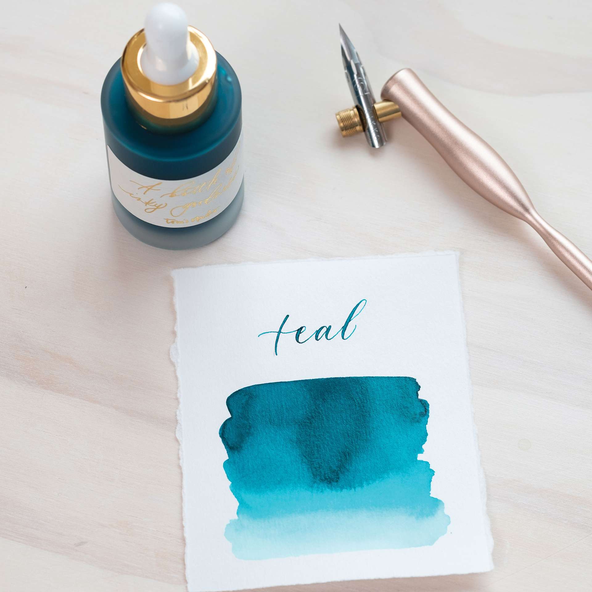 Tom's Studio Calligraphy Ink - Teal, 30 ml bottle and swatch - pen not included