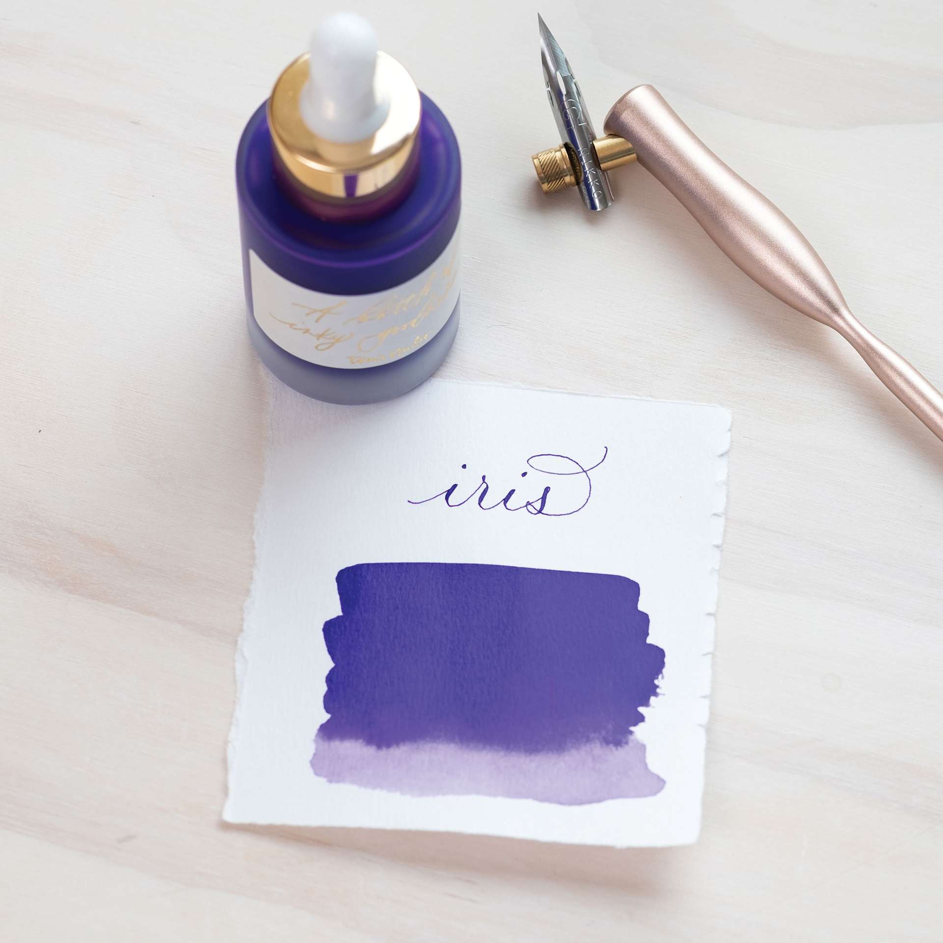 Tom's Studio Calligraphy Ink - Iris, 30 ml bottle and swatch - pen not included