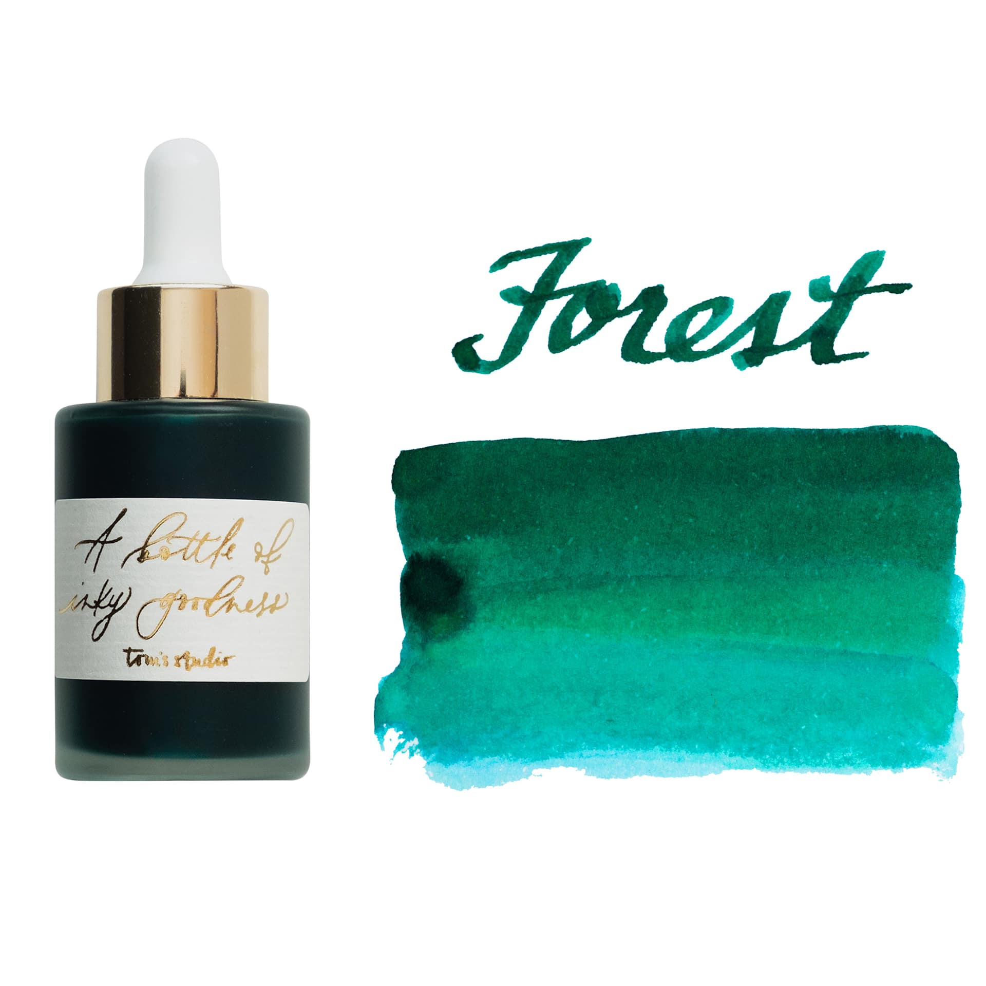 Tom's Studio Calligraphy Ink - Forest, 30 ml bottle with swatch