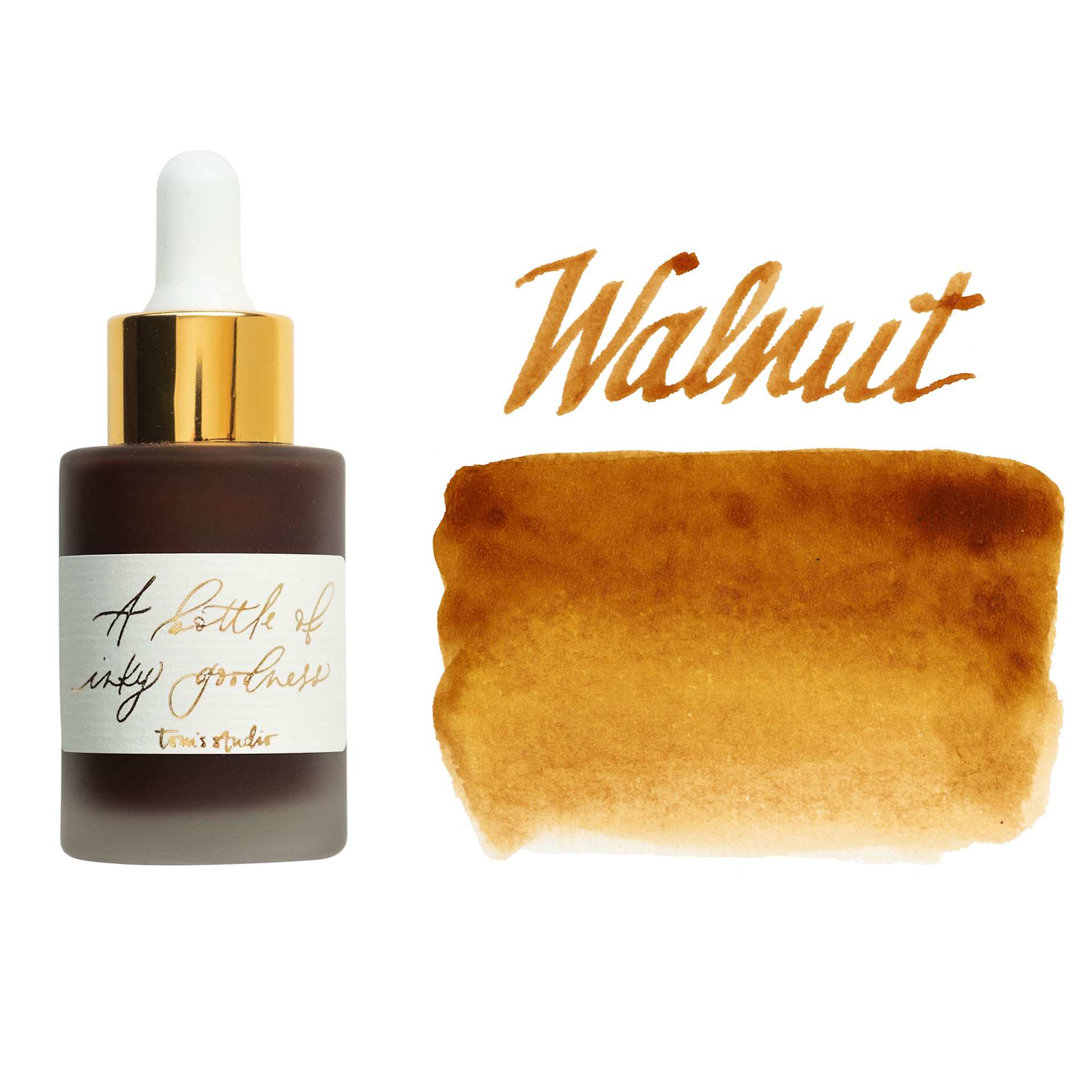 Tom's Studio Calligraphy Ink - Walnut, 30 ml bottle with swatch