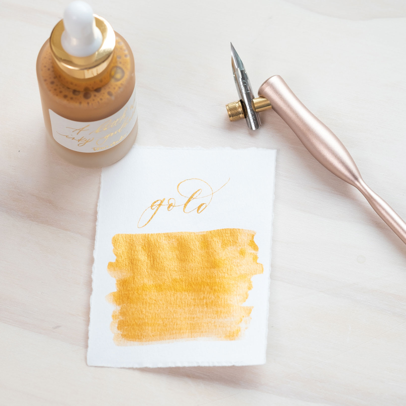 Tom's Studio Calligraphy Ink - Gold, 30 ml bottle and swatch - pen not included