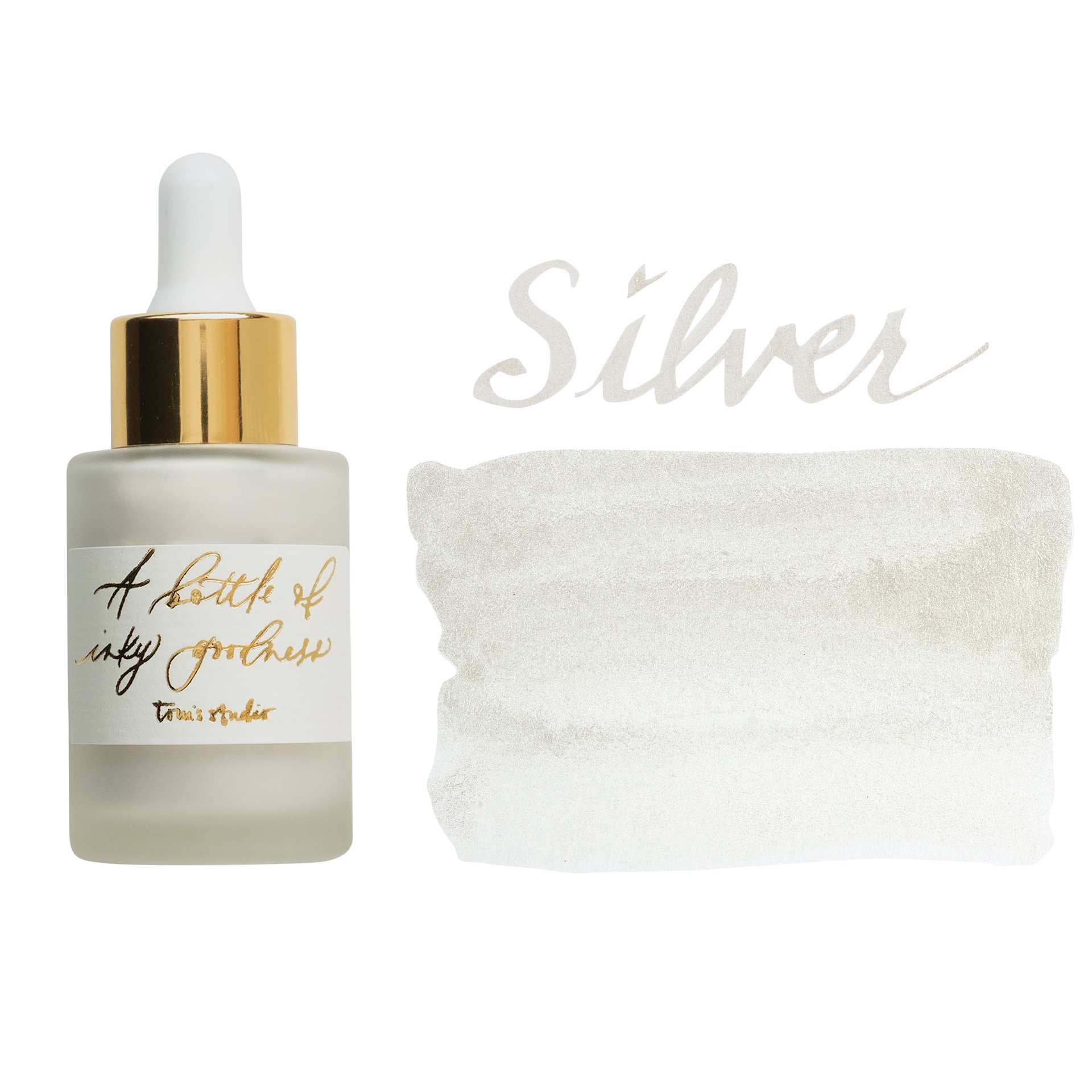 Tom's Studio Calligraphy Ink - Silver, 30 ml bottle with swatch