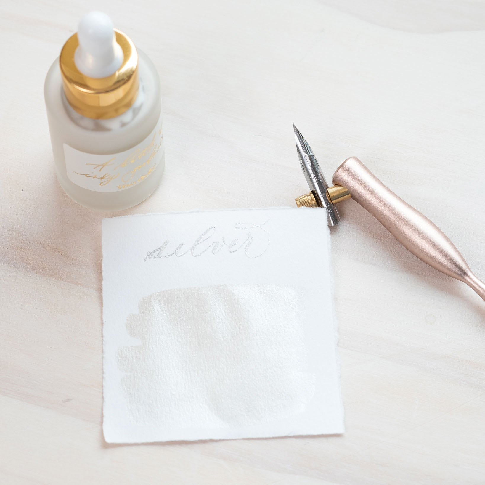 Tom's Studio Calligraphy Ink - Silver, 30 ml bottle and swatch - pen not included