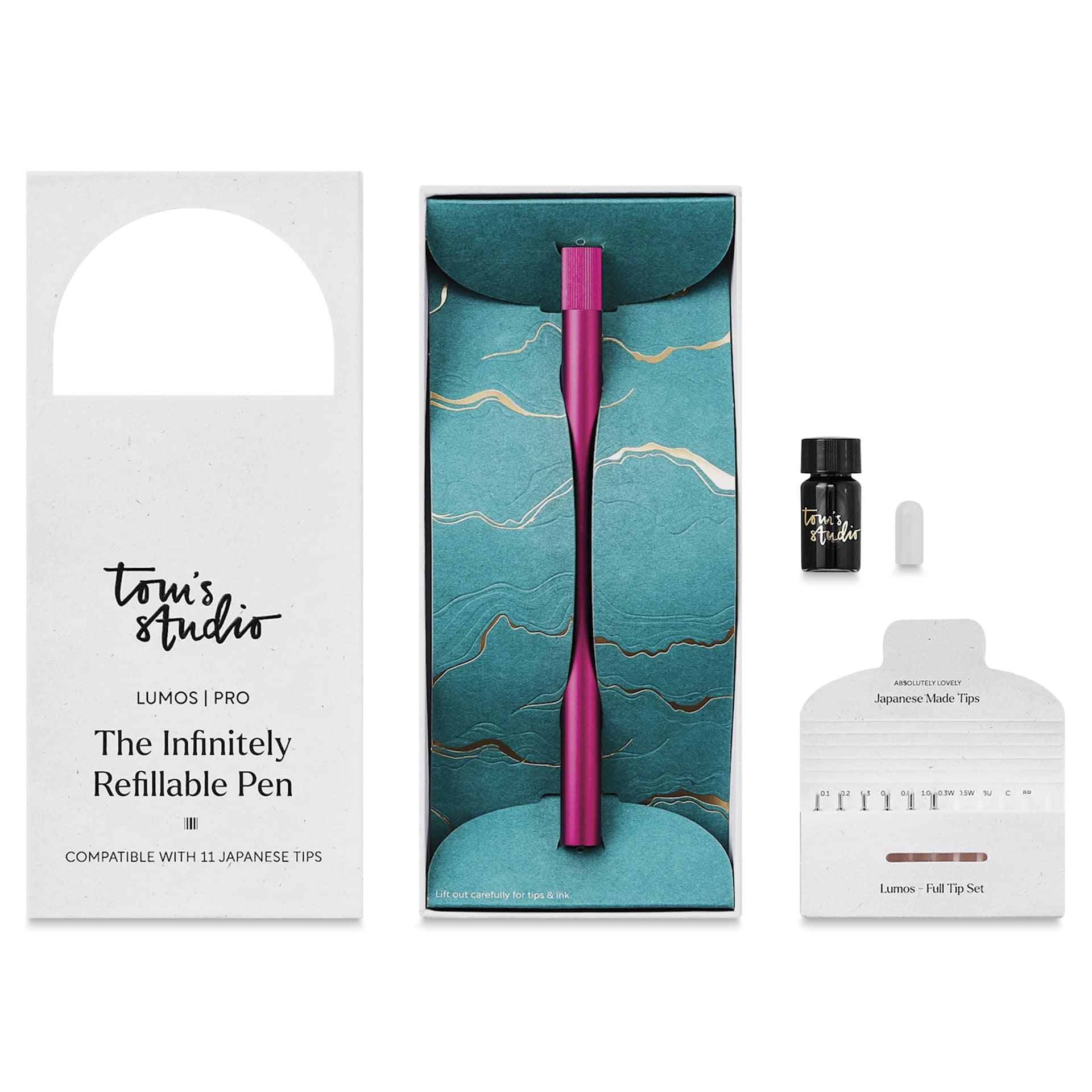 Tom's Studio Lumos Pro Refillable Single Tip Pen - Raspberry, pen in packaging and contents laid out