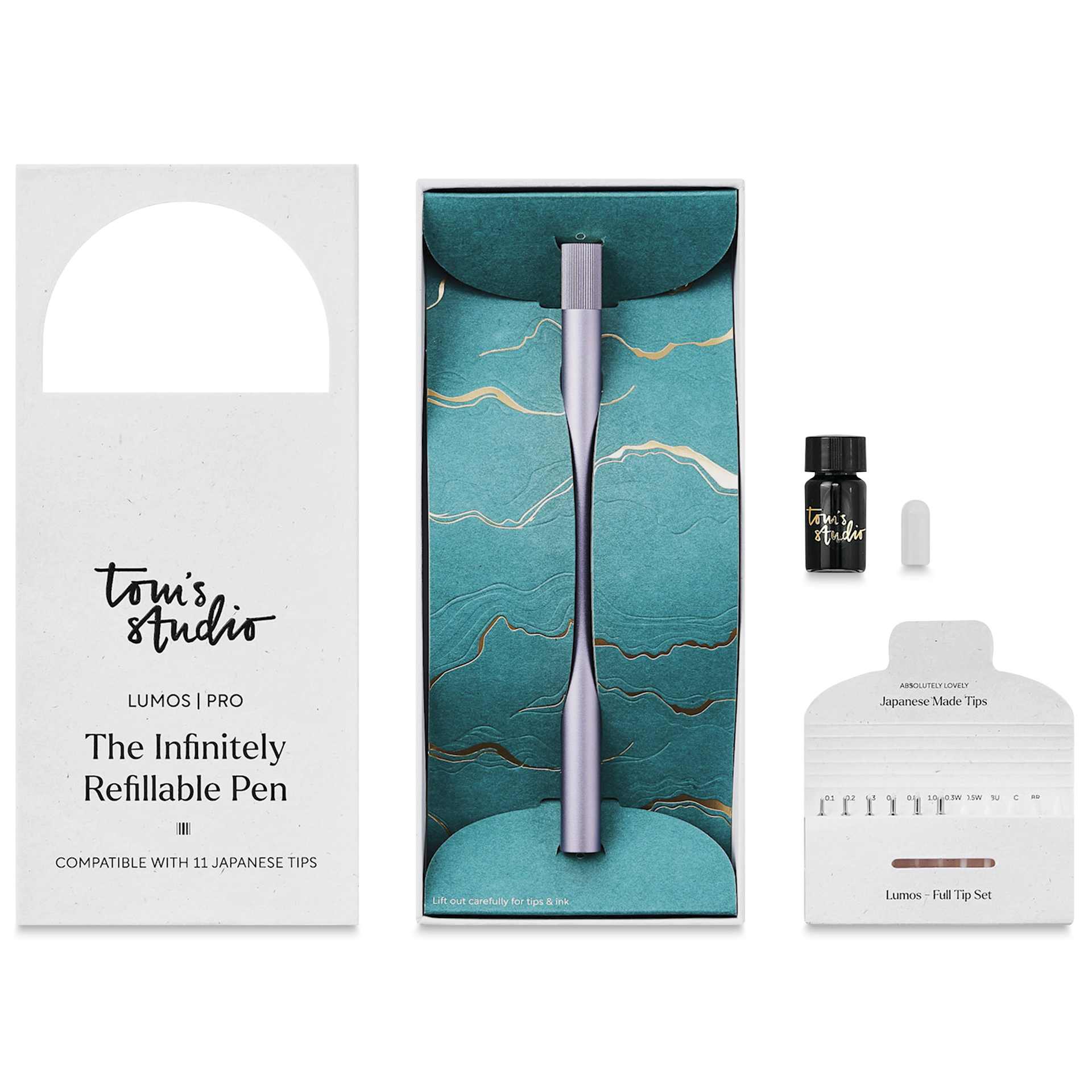 Tom's Studio Lumos Pro Refillable Single Tip Pen - Lilac, pen in packaging and contents laid out