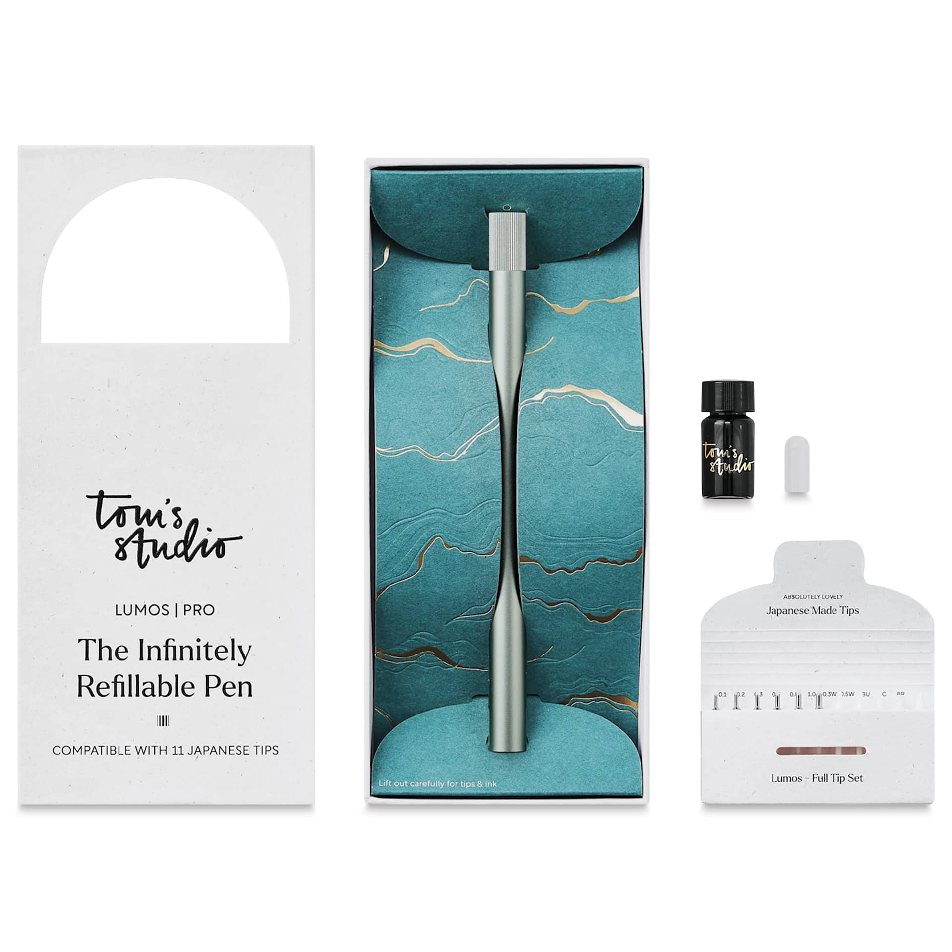 Tom's Studio Lumos Pro Refillable Single Tip Pen - Sage, pen in packaging and contents laid out