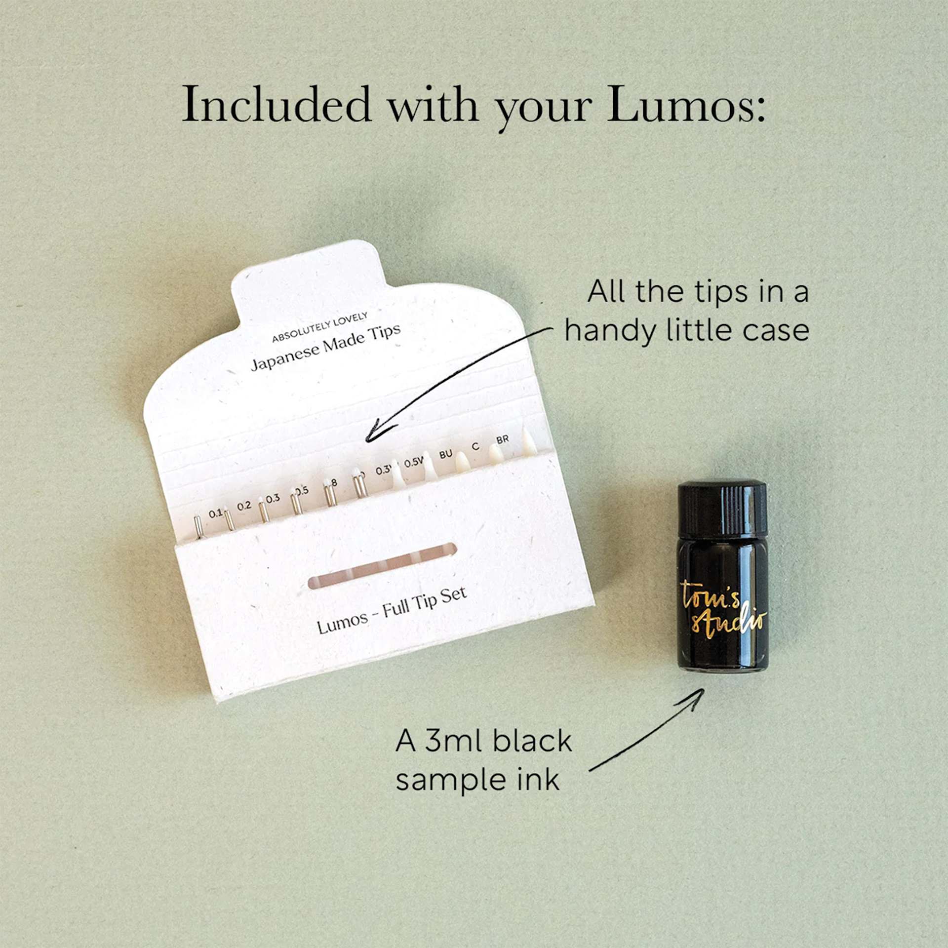 Tom's Studio Lumos Pro Refillable Single Tip Pens, included tip set and ink bottle