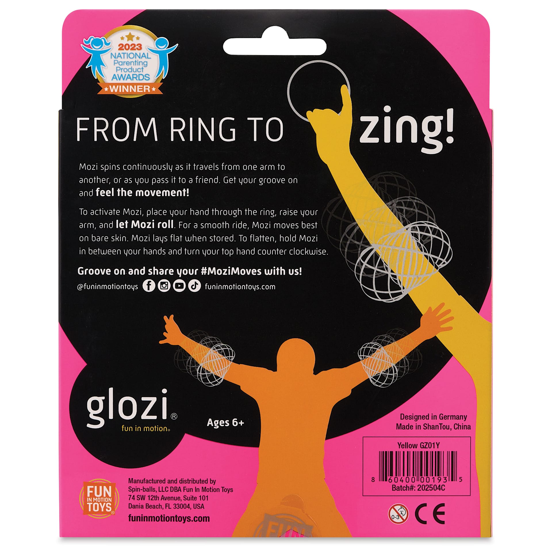 Fun in Motion Glozi Glow-in-the-Dark Fidget Toy - Yellow, back of packaging