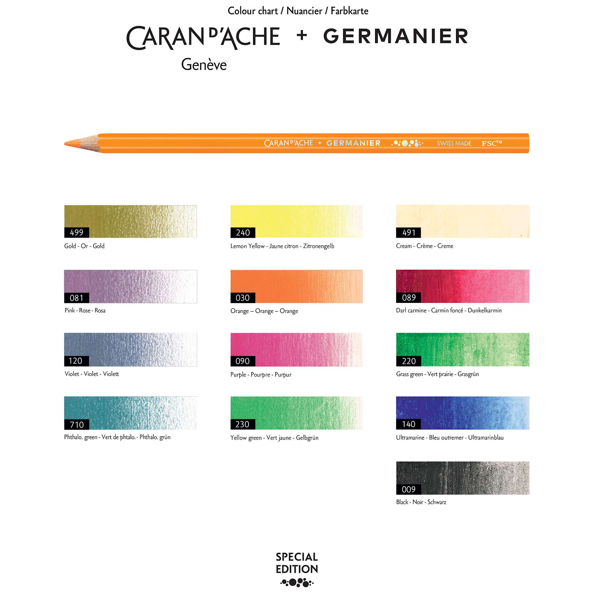 Caran d'Ache Germanier Creative Color Pencils - Limited Edition, Set of 13, pencil and color swatches