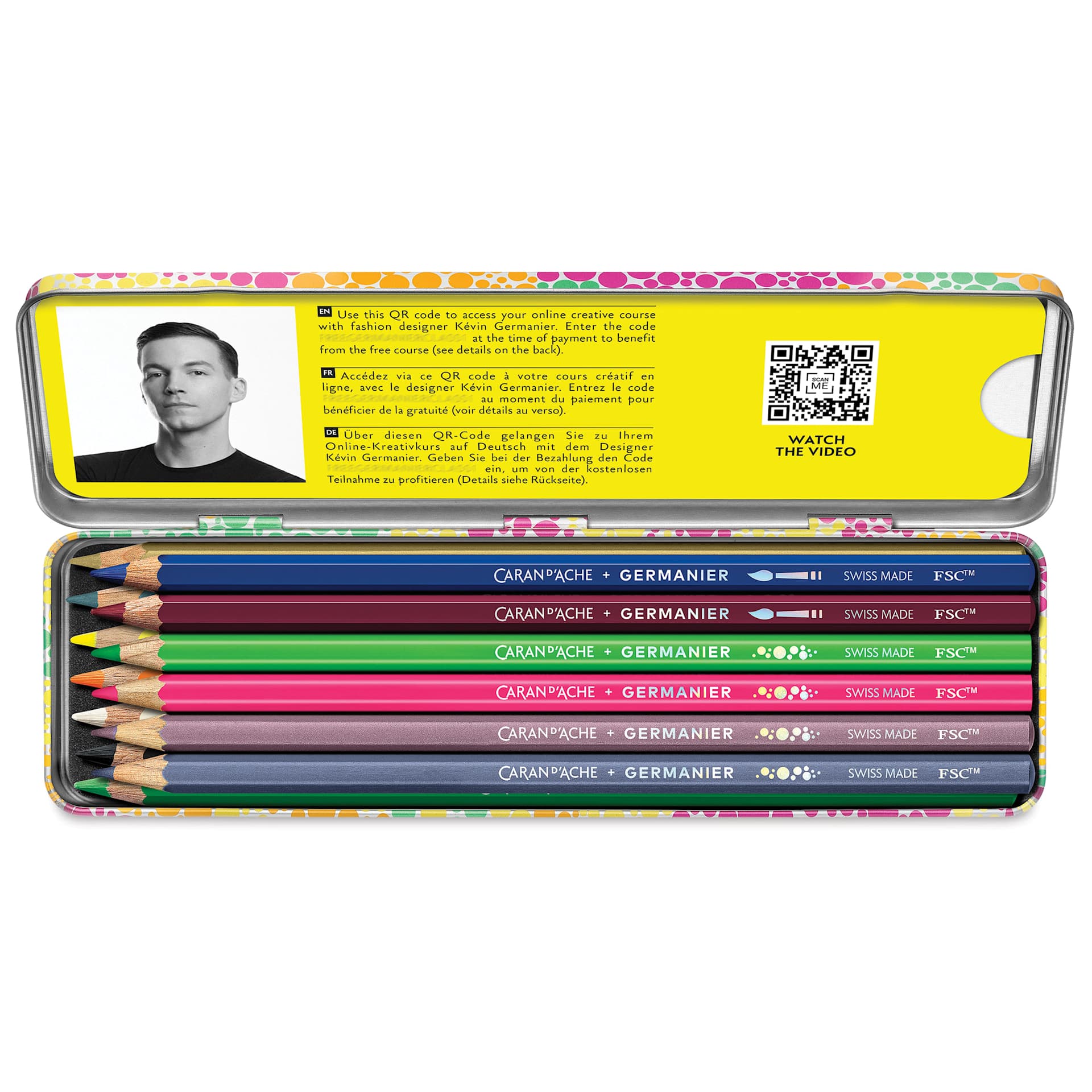 Caran d'Ache Germanier Creative Color Pencils, tin case open chosing QR code to online class