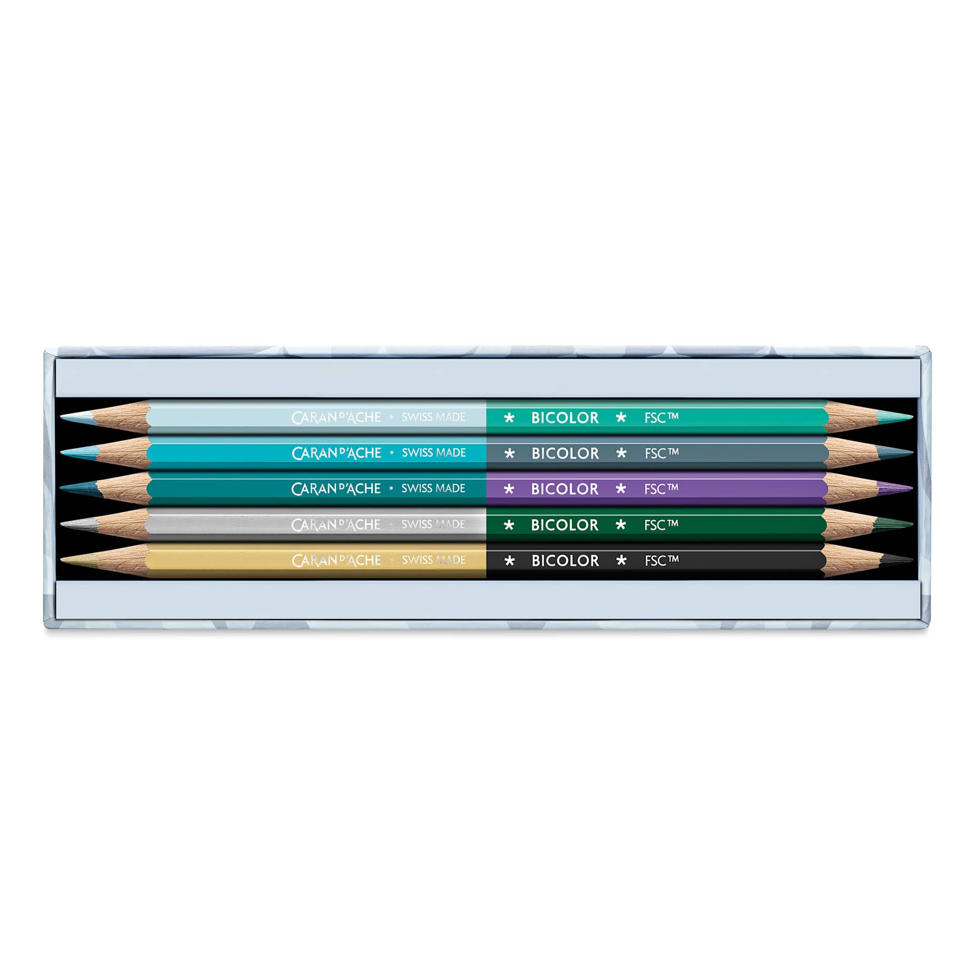 Caran d’Ache Alpine Frost Special Edition Bicolor Colored Pencil Set, open box with set contents