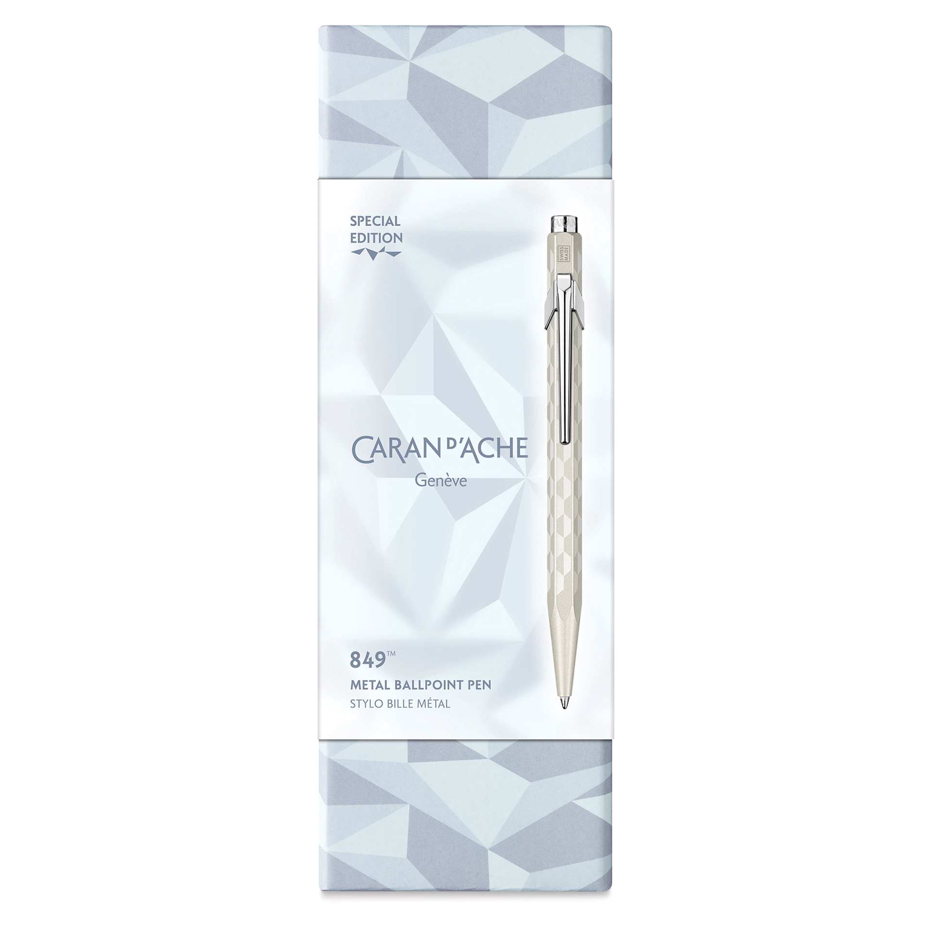 Caran d’Ache Alpine Frost Special Edition 849 Ballpoint Pen - White, packaging with label