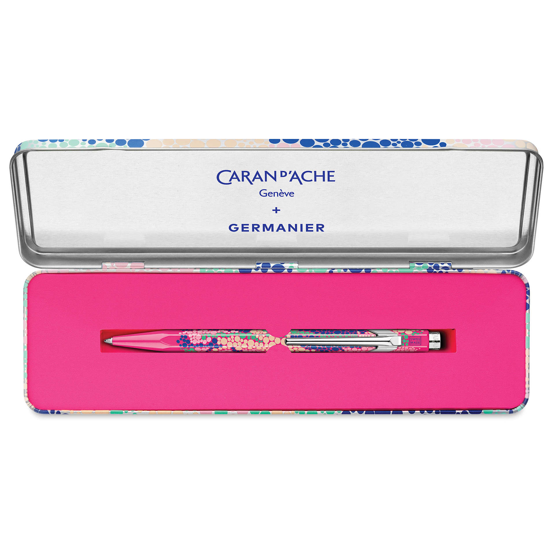 Caran d'Ache 849 Germanier Ballpoint Pen - Limited Edition, Neon Pink, inside of the metallic tin case