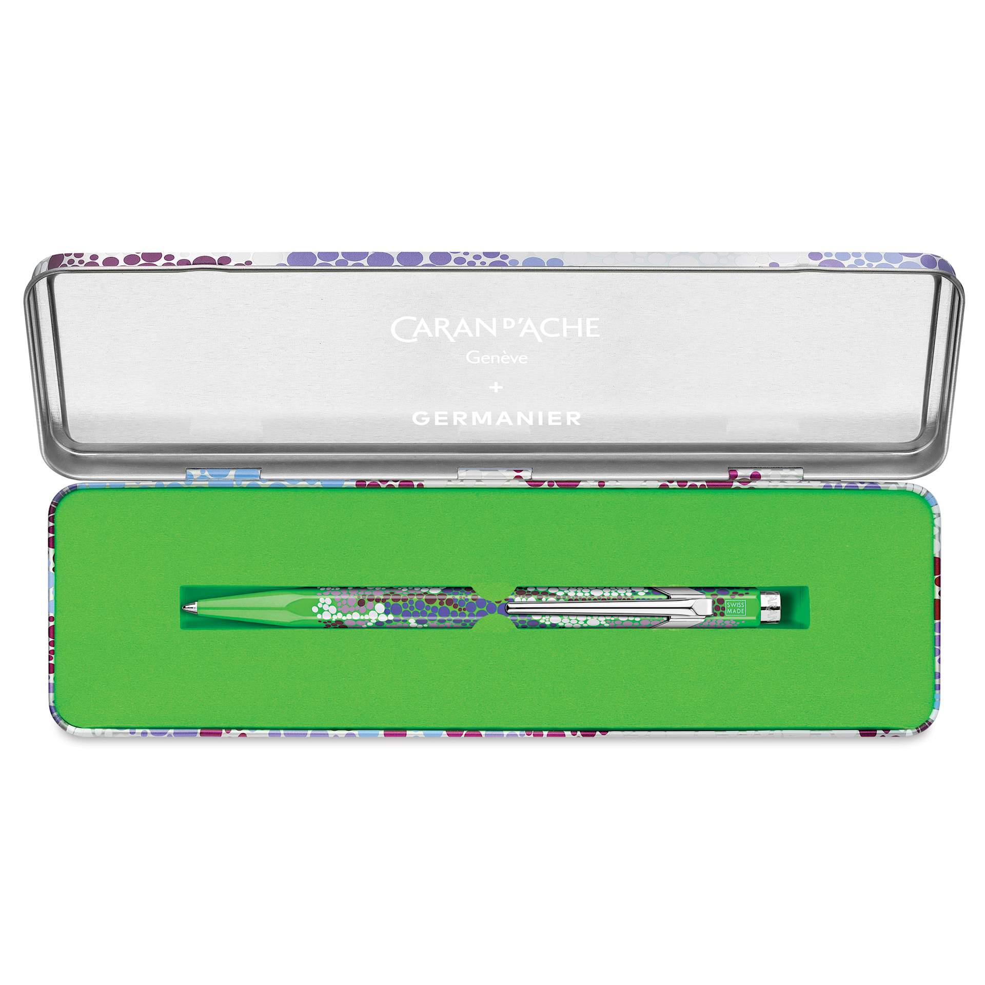 Caran d'Ache 849 Germanier Ballpoint Pen - Limited Edition, Neon Green, inside of the metal tin case