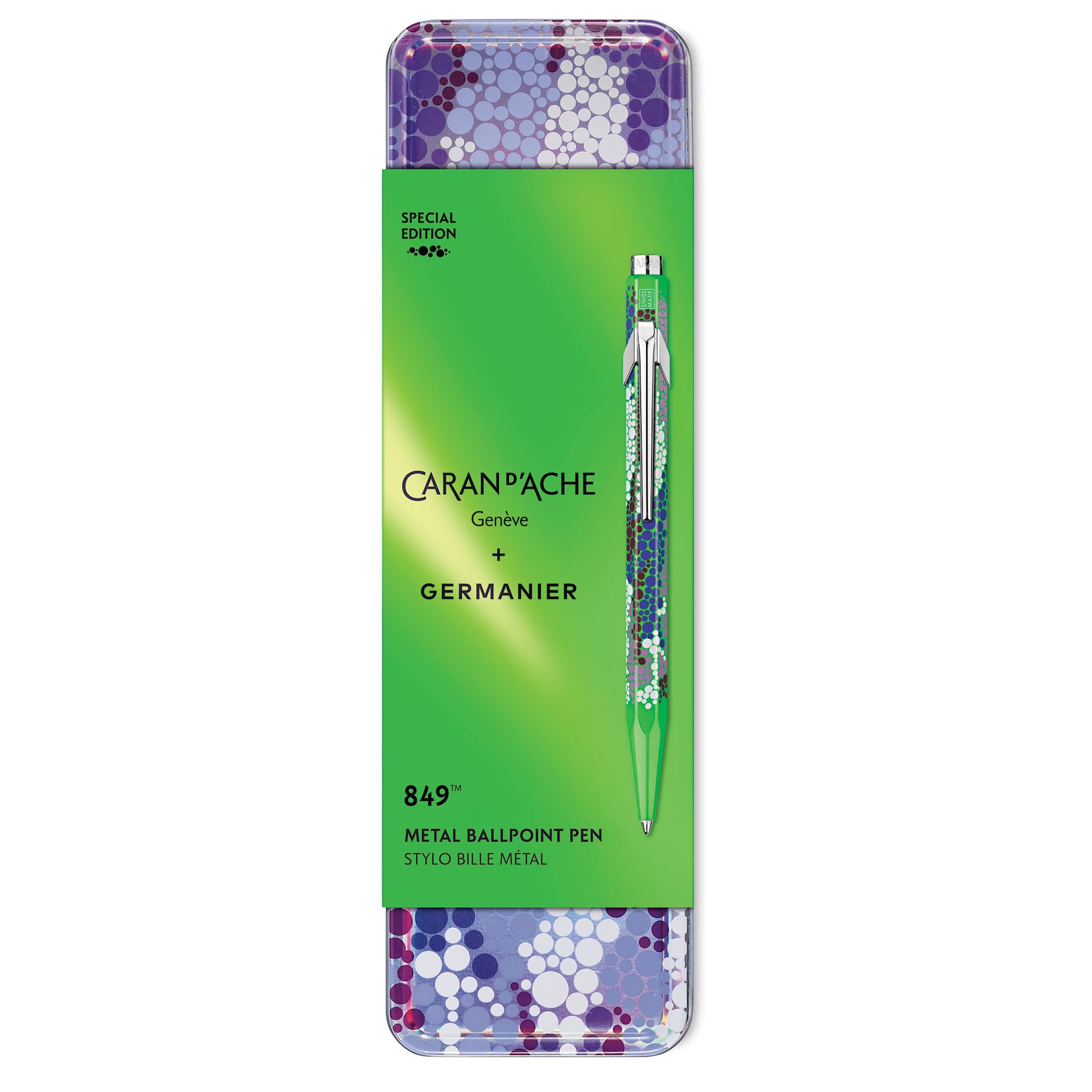 Caran d'Ache 849 Germanier Ballpoint Pen - Limited Edition, Neon Green, packaging label shown