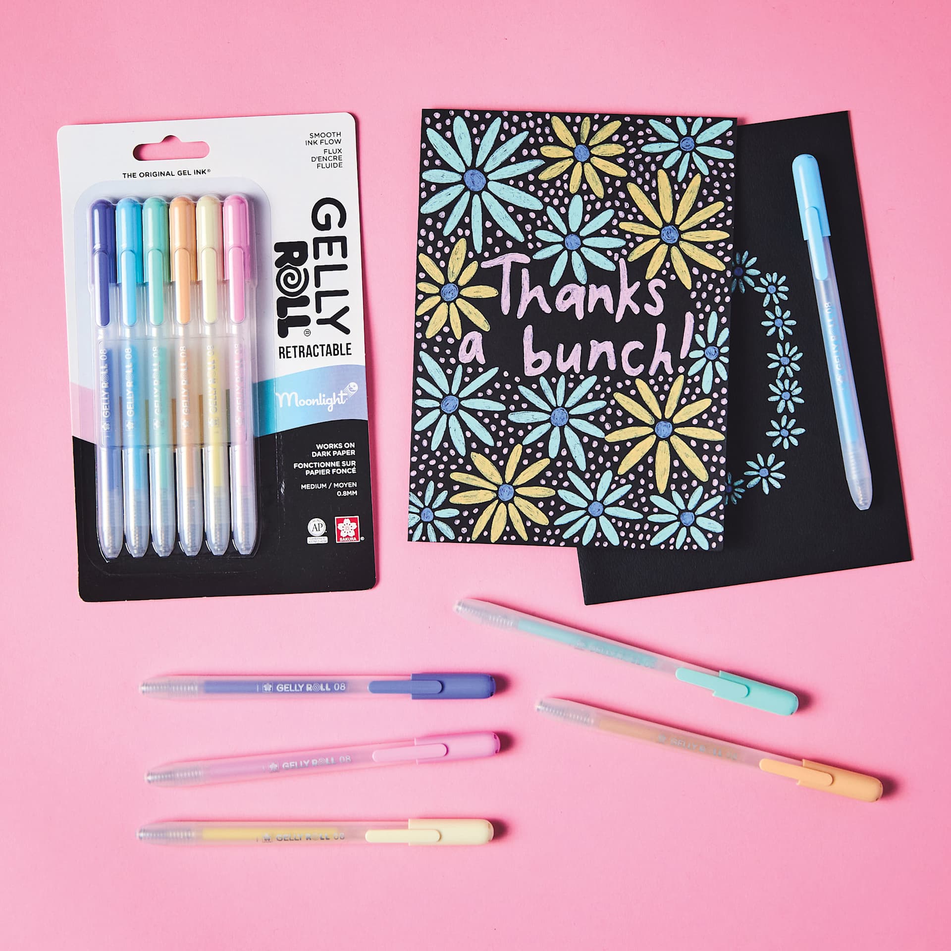 Sakura Gelly Roll Retractable Moonlight Pens - Set of 6, Pastel, doodles on black paper.