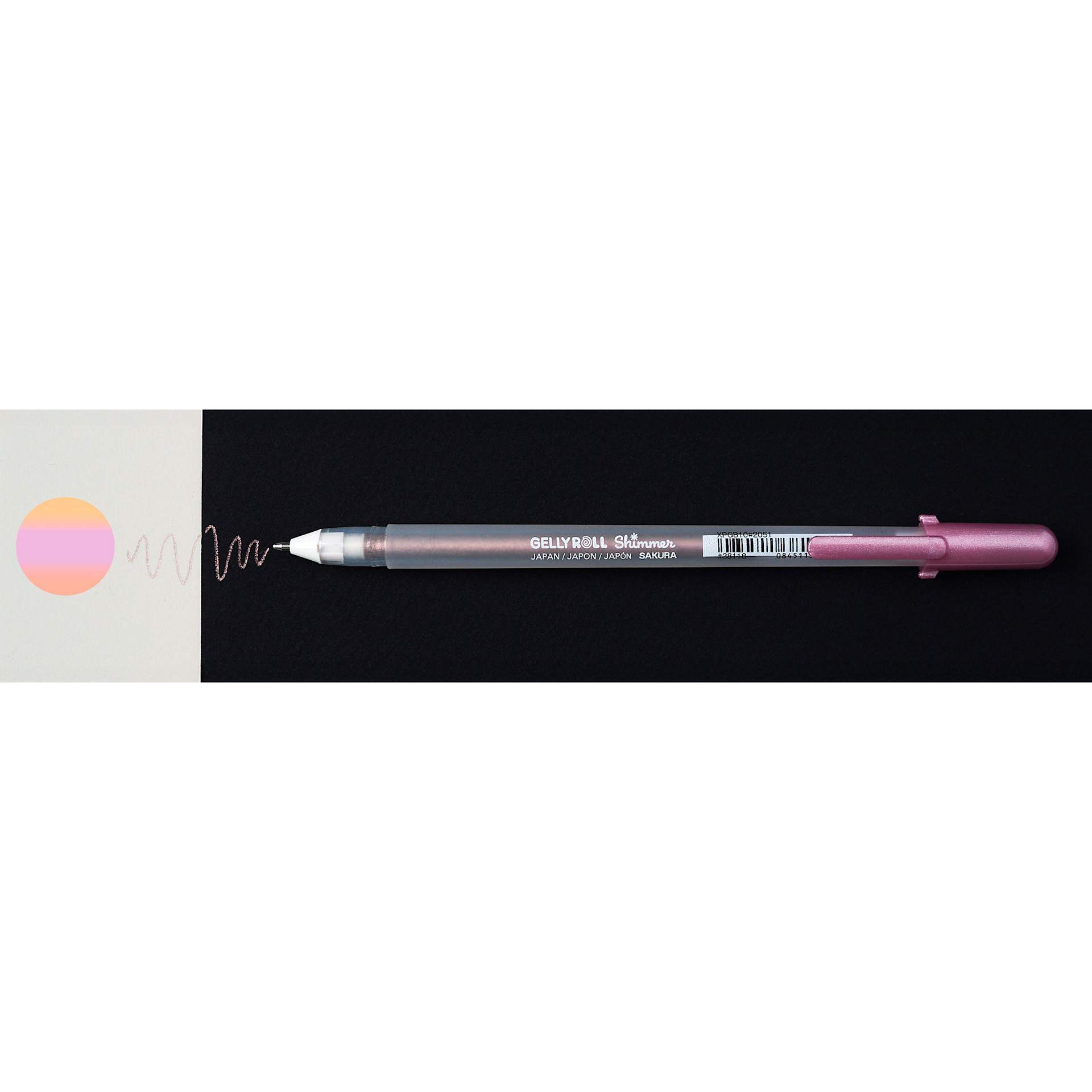 Sakura Gelly Roll Shimmer Pen - Pink pen with swatch on white and black background