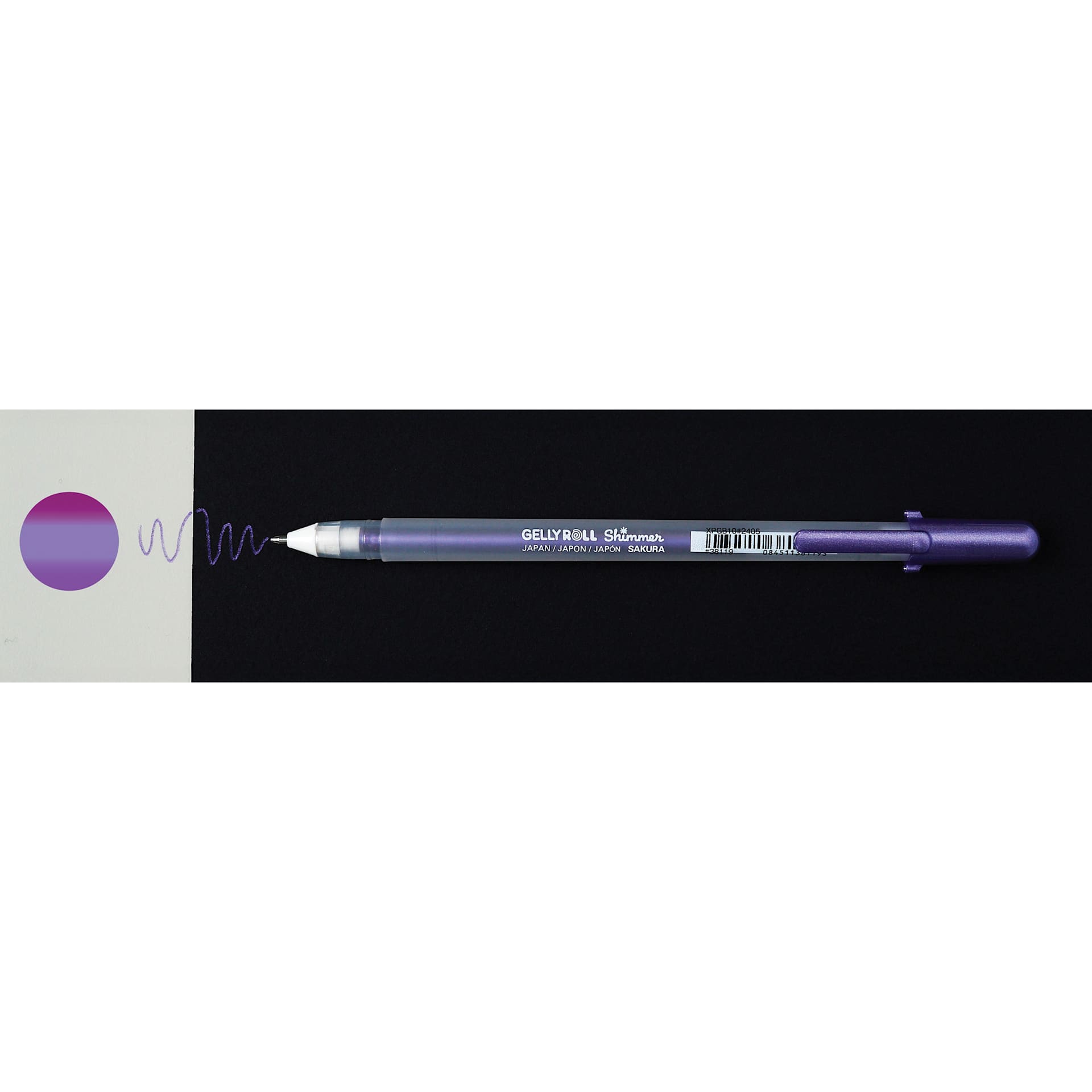 Sakura Gelly Roll Shimmer Pen - Purple pen with swatch on white and black background