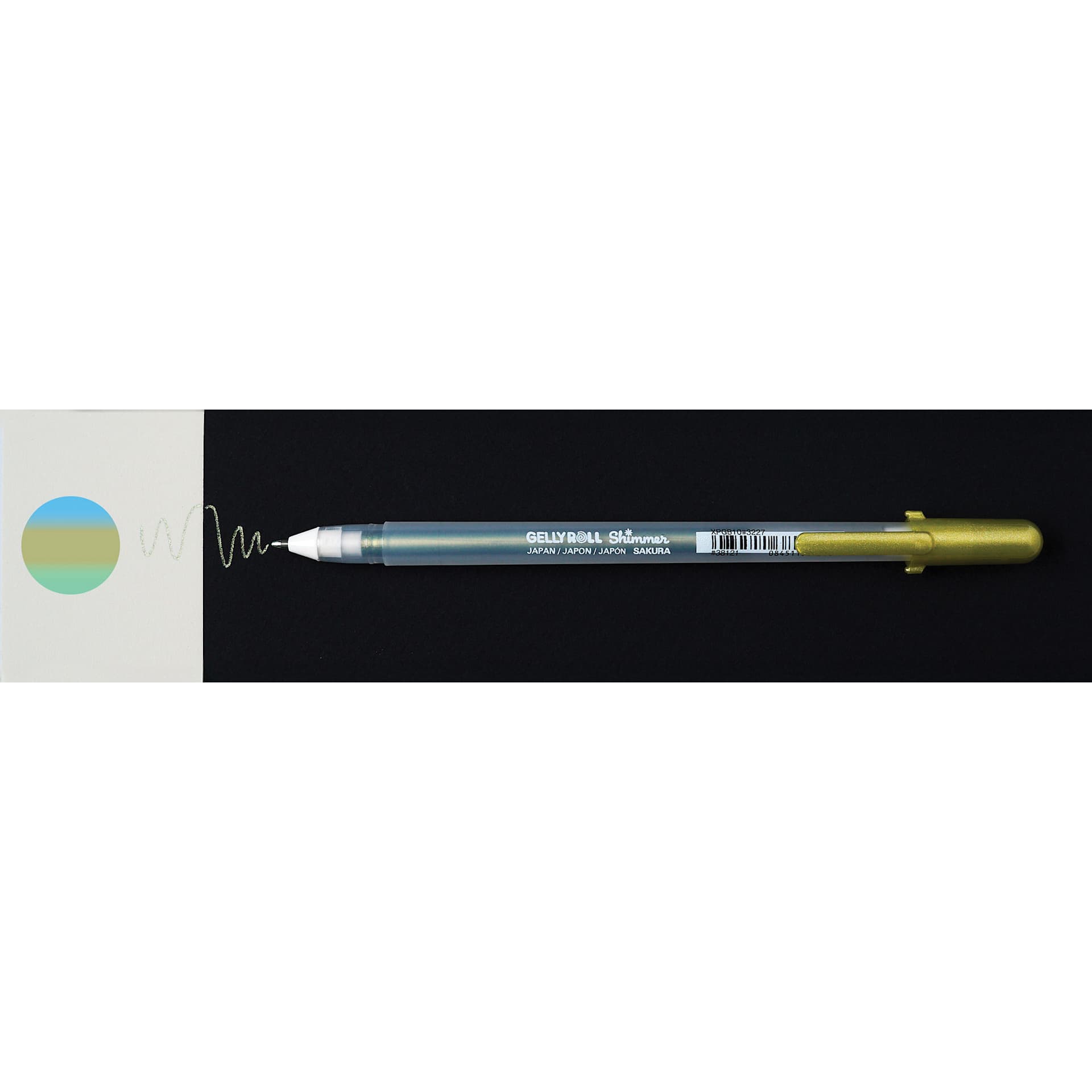 Sakura Gelly Roll Shimmer Pen - Fresh Green pen with swatch on white and black background