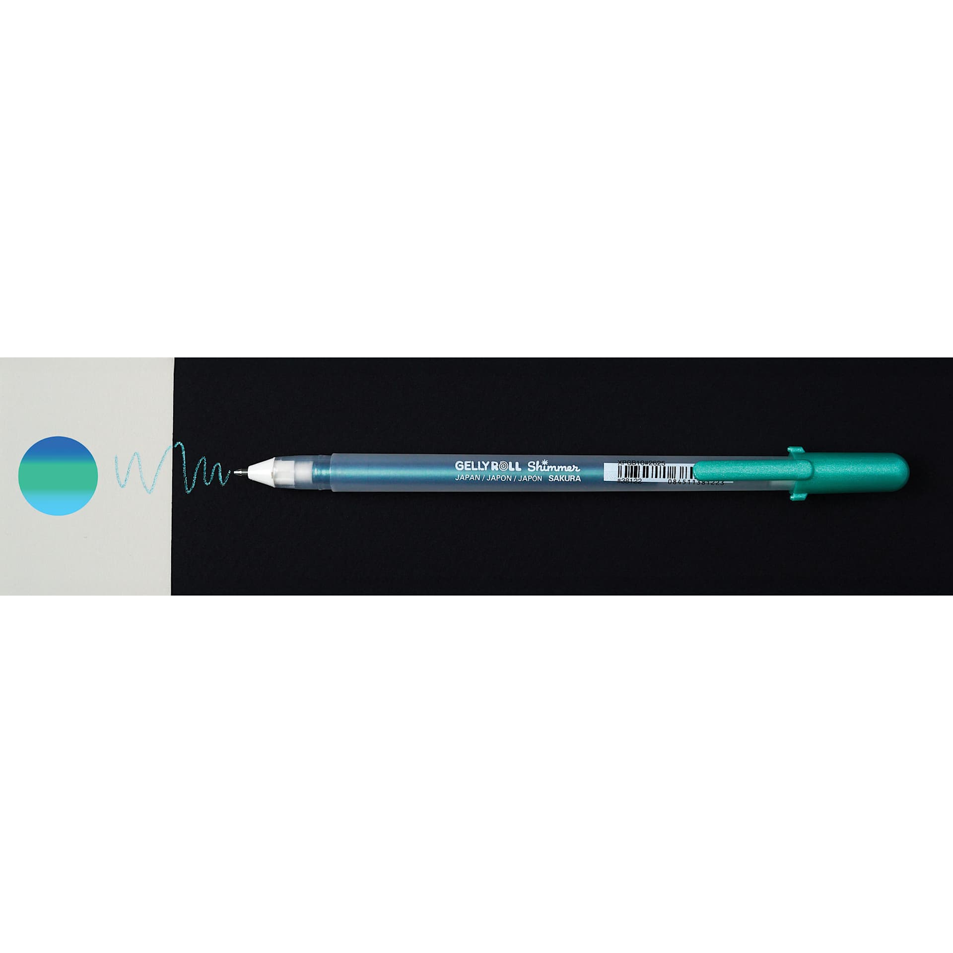 Sakura Gelly Roll Shimmer Pen - Aqua Green pen with swatch on white and black backgrounds