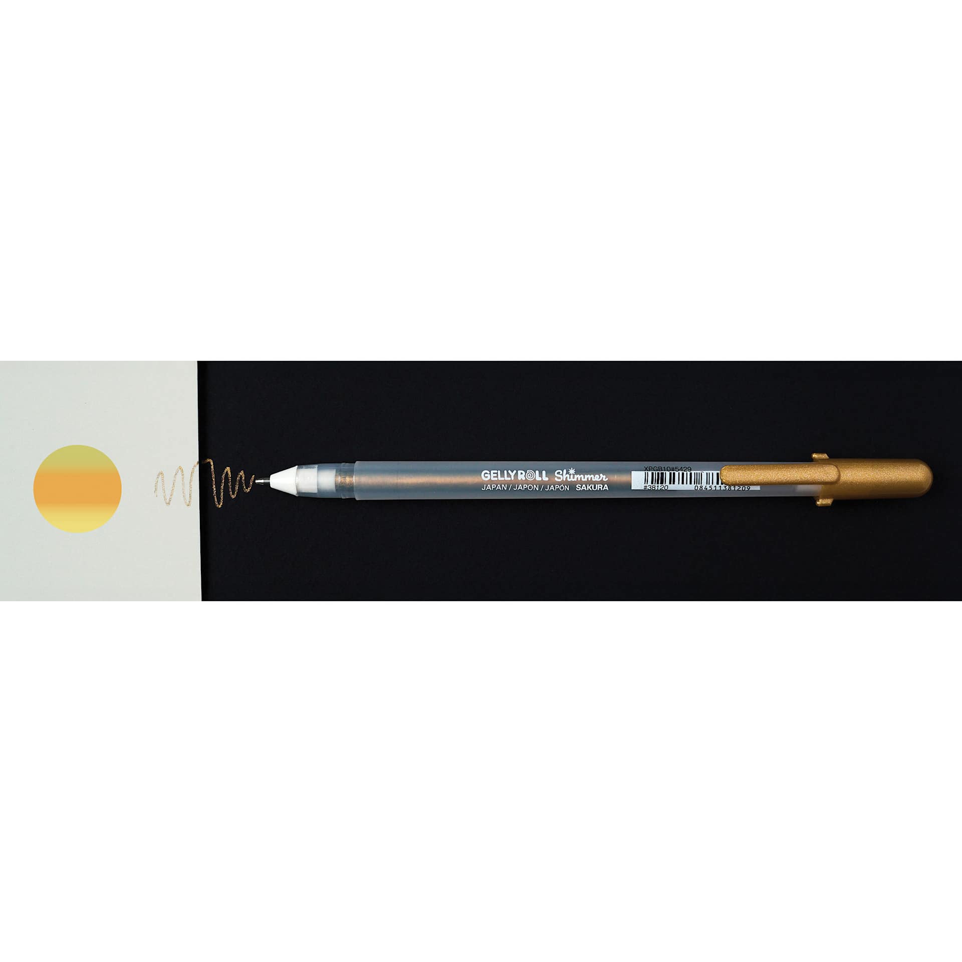 Sakura Gelly Roll Shimmer Pen - Copper pen with swatch on white and black background