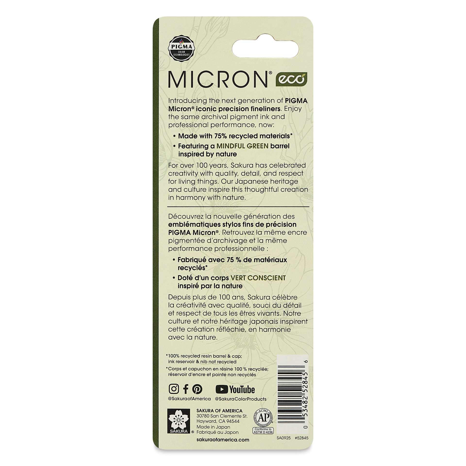 Sakura Pigma Micron Eco Pens - Set of 3, Black, back of packaging