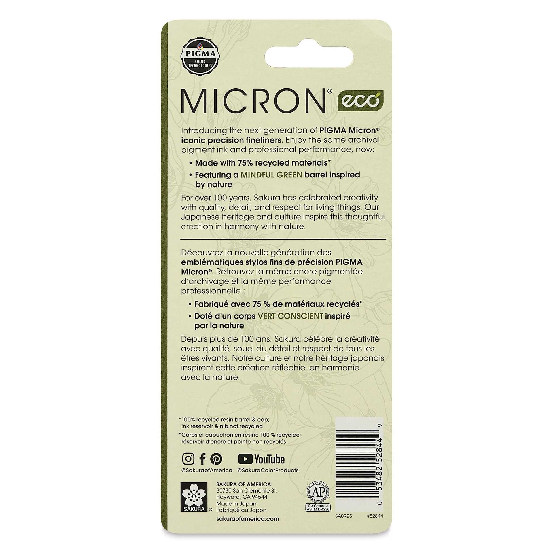 Sakura Pigma Micron Eco Pens - Set of 5, Black, back of packaging