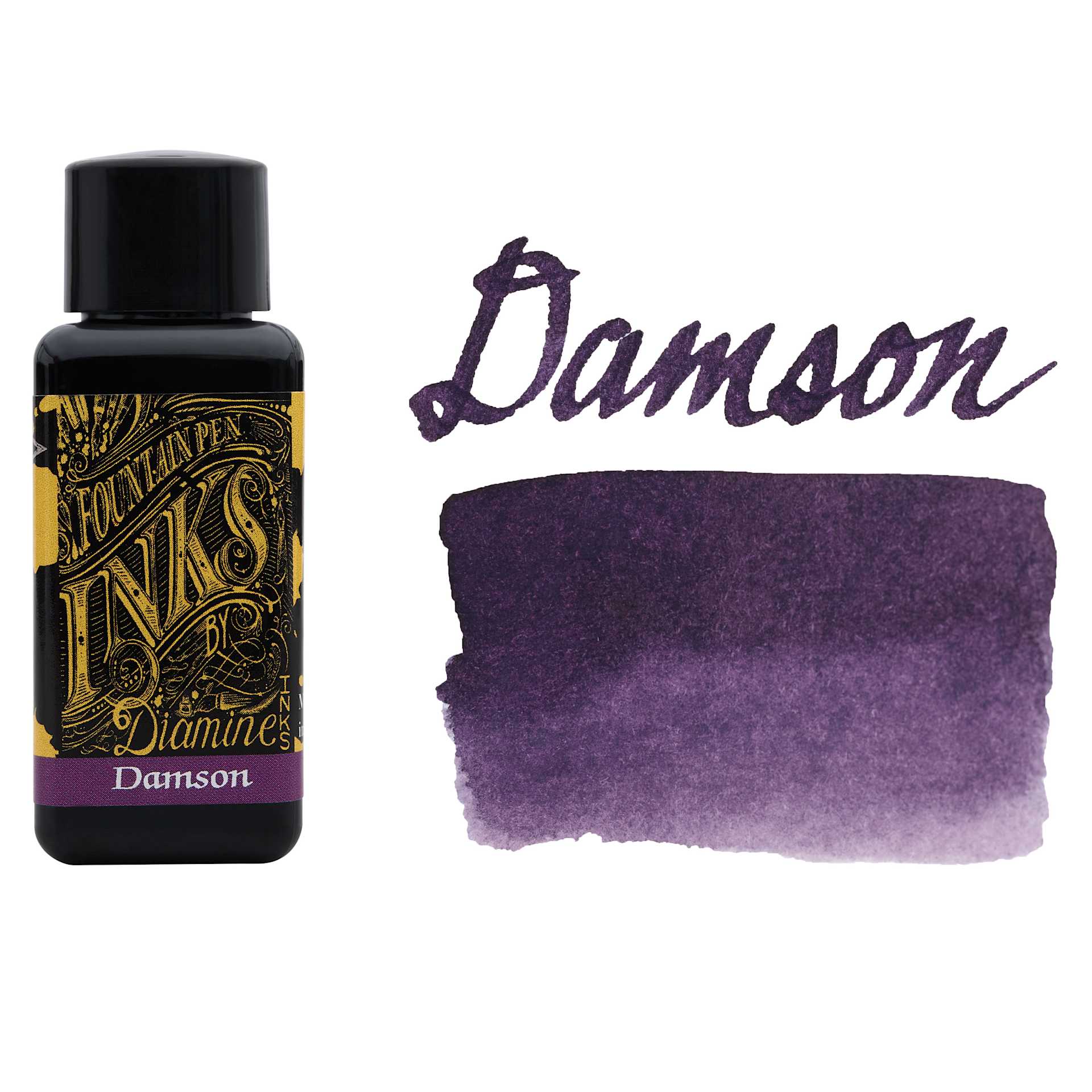 Diamine Fountain Pen Ink - Damson, 30 ml bottle with swatch
