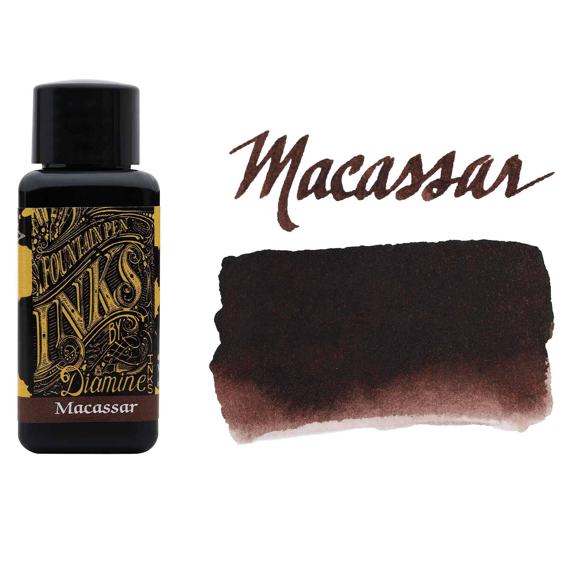 Diamine Fountain Pen Ink - Macassar, 30 ml bottle with swatch