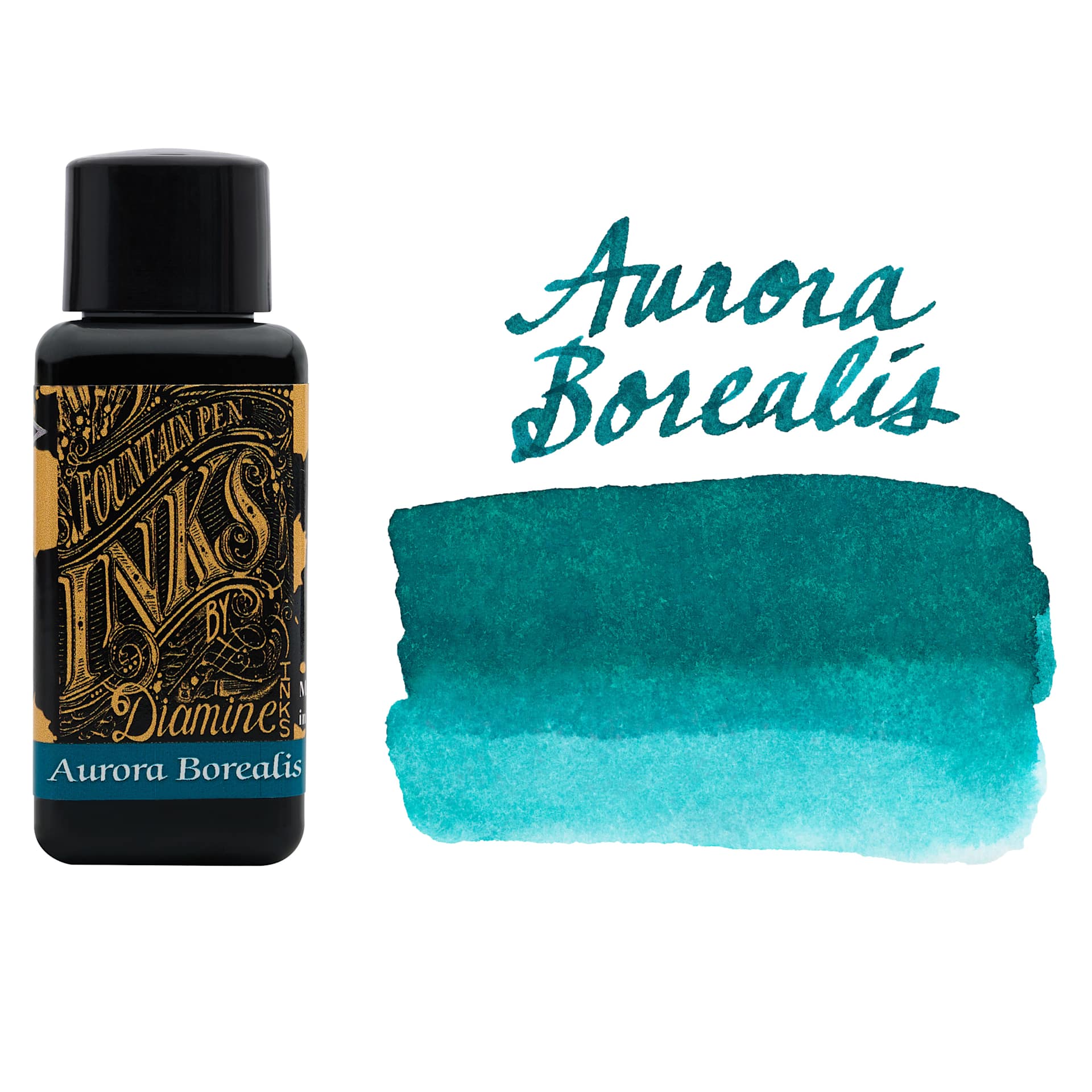 Diamine Fountain Pen Ink - Aurora Borealis, 30 ml bottle with swatch