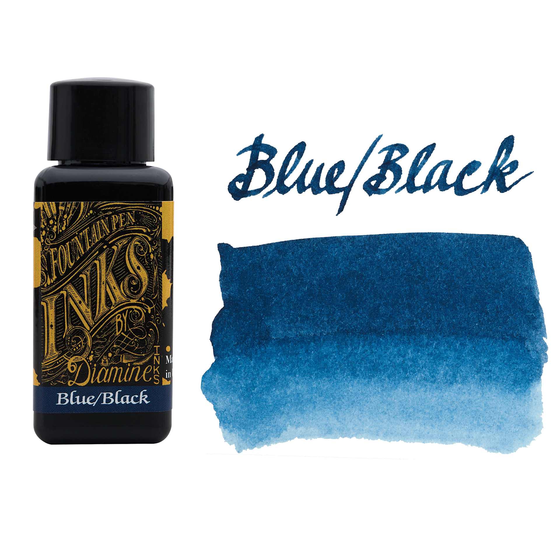 Diamine Fountain Pen Ink - Blue/Black, 30 ml bottle with swatch