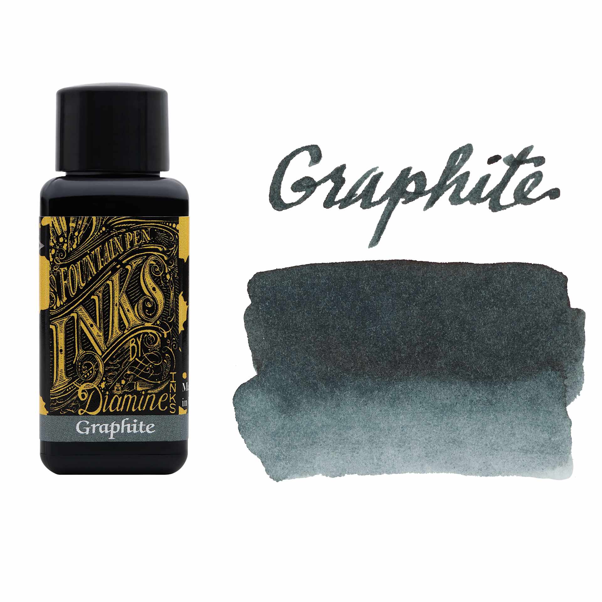 Diamine Fountain Pen Ink - Graphite, 30 ml bottle with swatch
