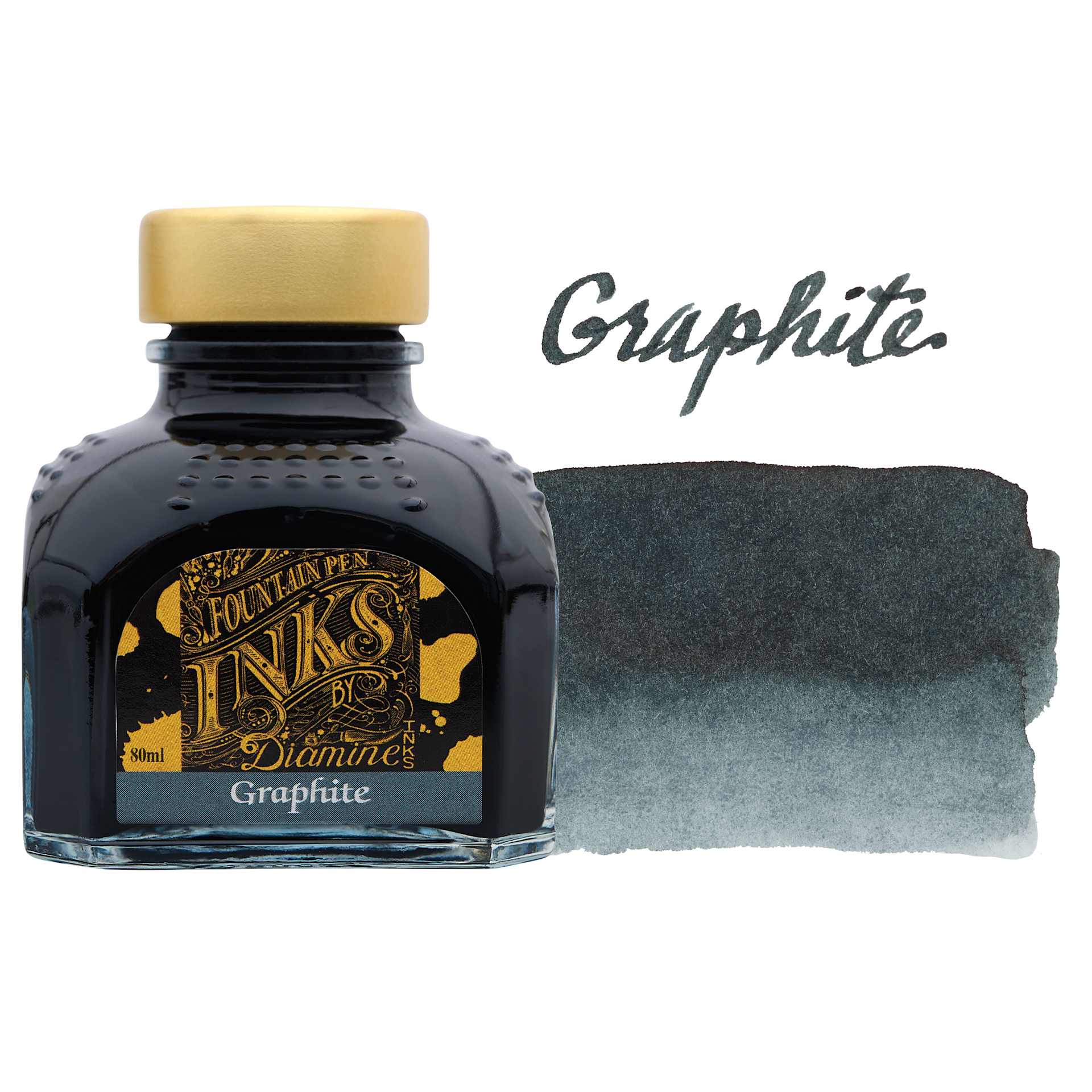 Diamine Fountain Pen Ink - Graphite, 80 ml bottle with swatch