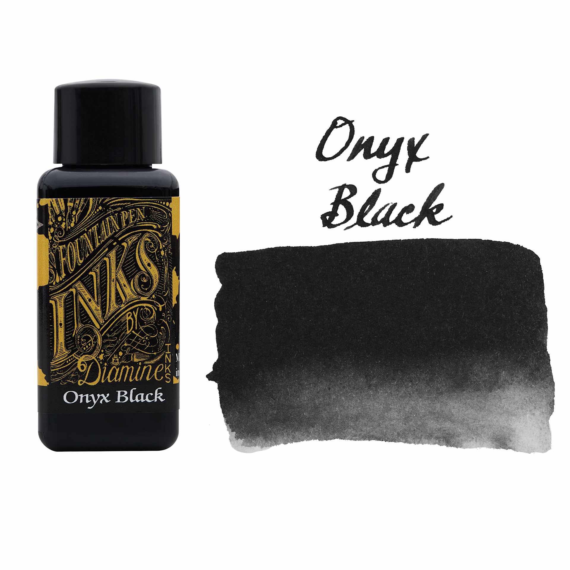 Diamine Fountain Pen Ink - Onyx Black, 30 ml bottle with swatch