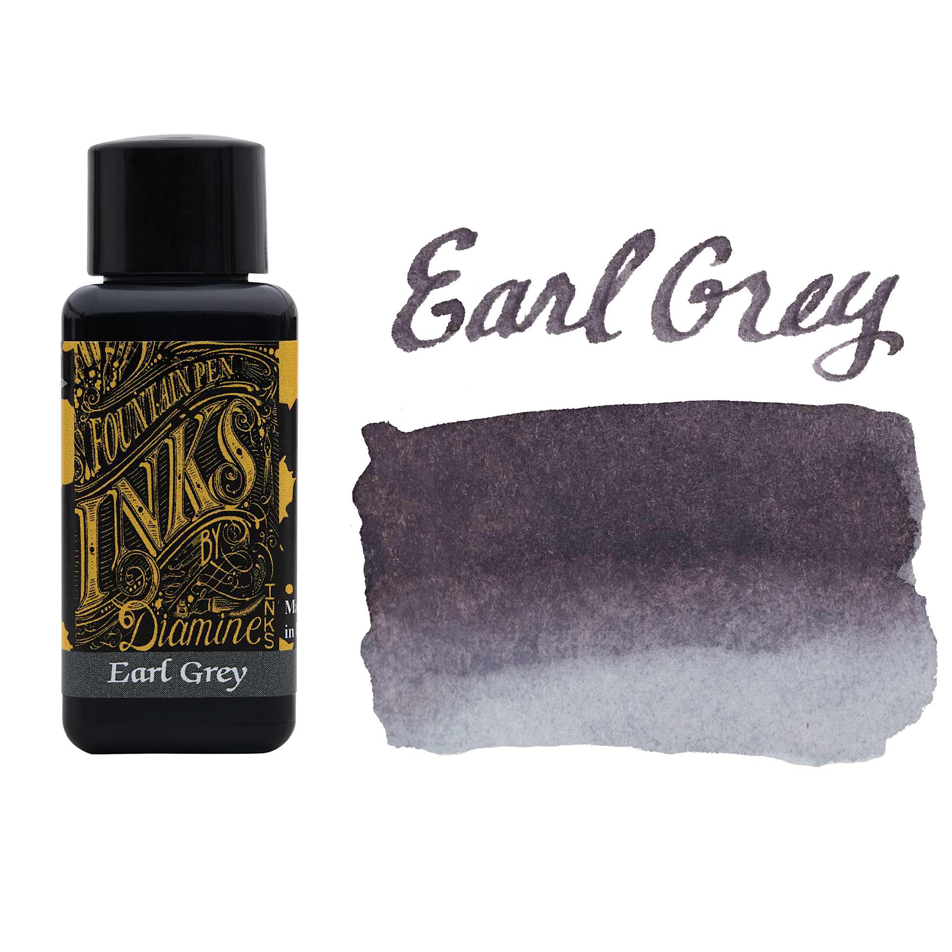 Diamine Fountain Pen Ink - Earl Grey, 30 ml bottle with swatch
