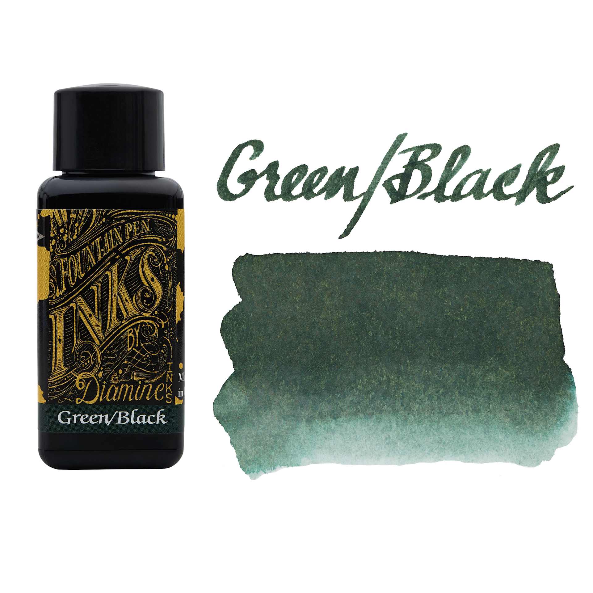 Diamine Fountain Pen Ink - Green/Black, 30 ml bottle and swatch