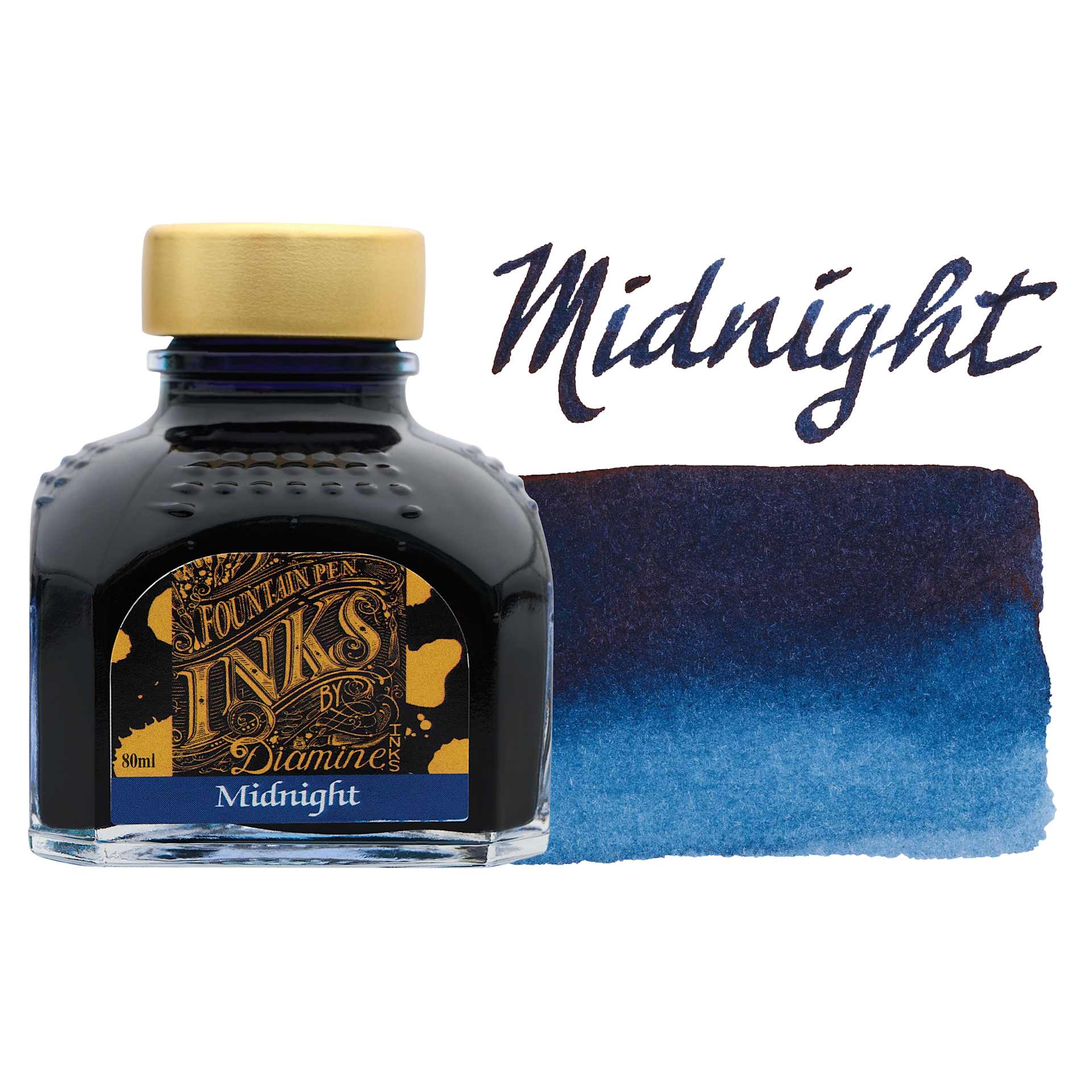 Diamine Fountain Pen Ink - Midnight, 80 ml bottle with swatch