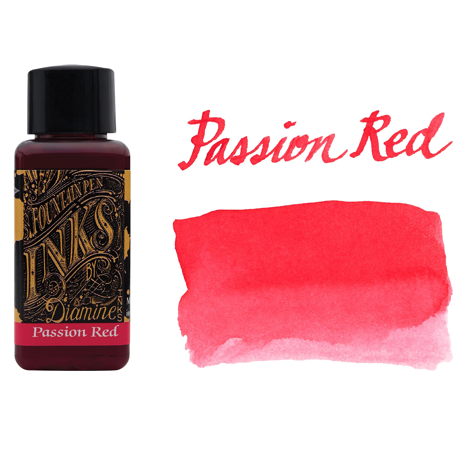 Diamine Fountain Pen Ink - Passion Red, 30 ml bottle with swatch